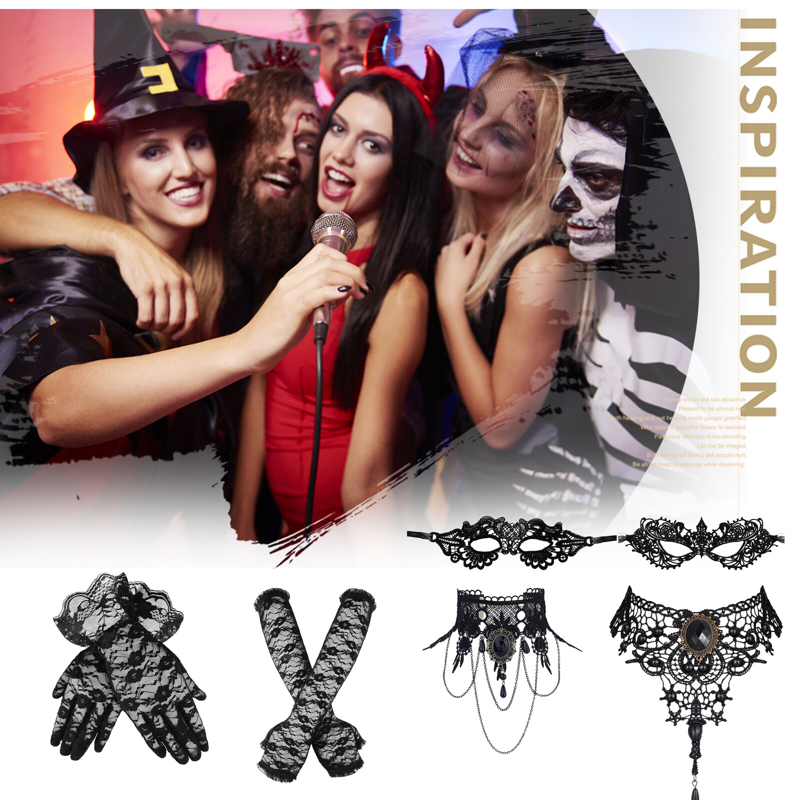6pcs Masquerade Costume Set Lace Mask Choker Necklace Gloves Halloween Cosplay