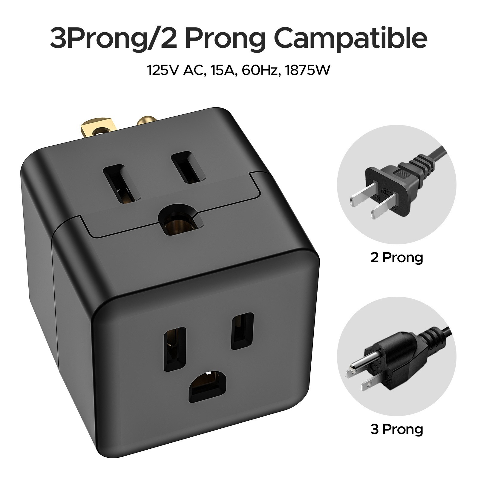 3Prong Plug Adapter AC Multi Plug Wall Outlet, Power Splitter,Grounded Wall Tap
