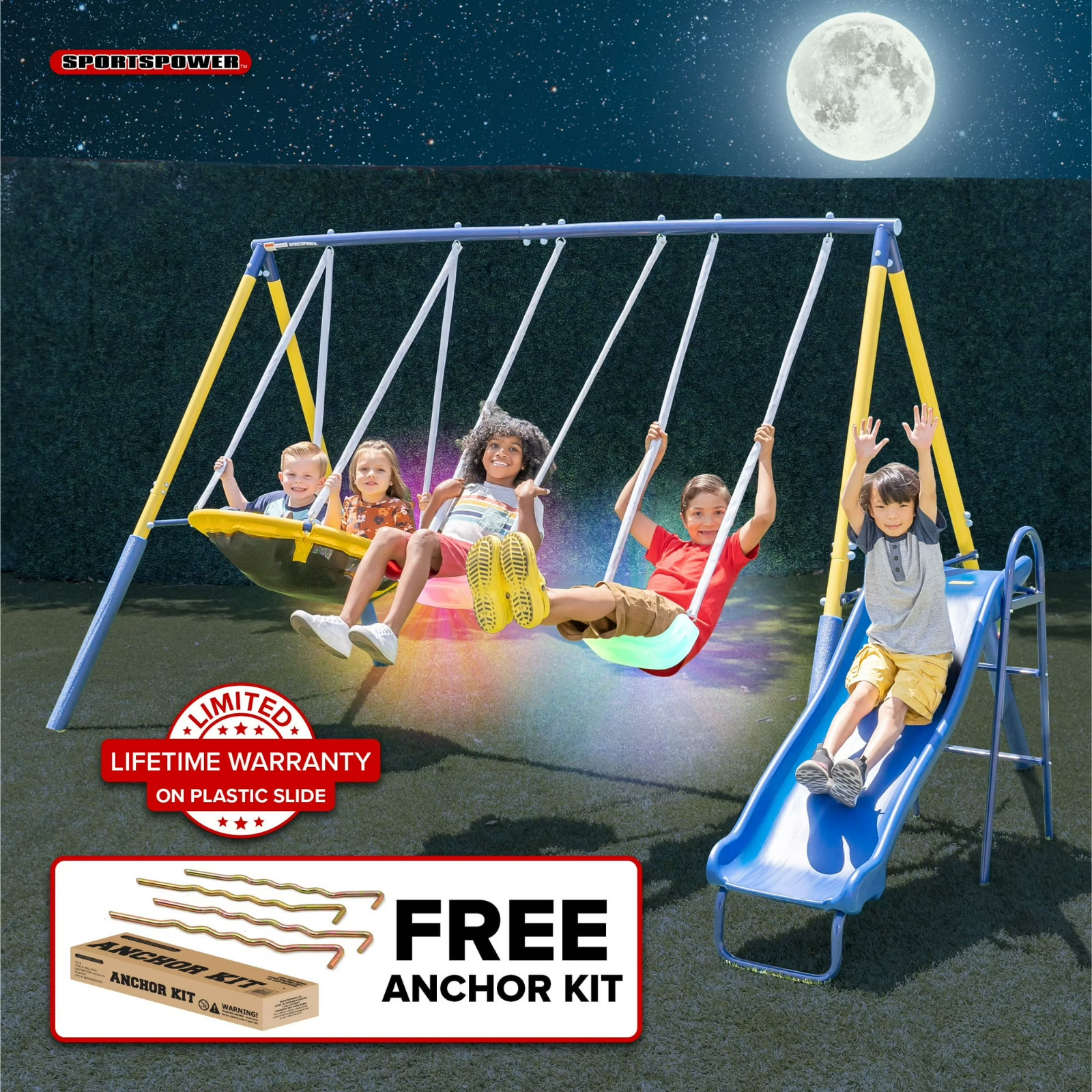Sportspower Starlight Metal Swing Set for Kids Ages 3–8 with 2 LED Swings, Sauce