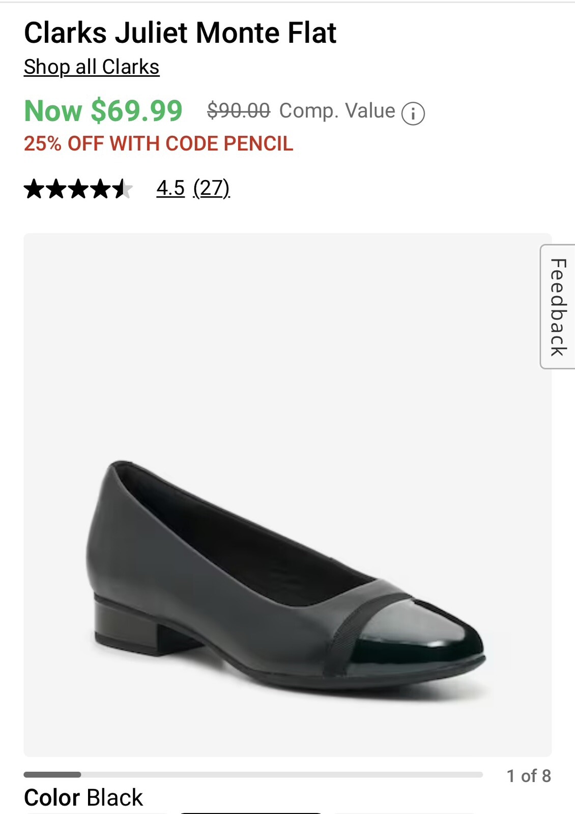 Clarks JULIET MONTE Womens Black Leather Flat Shoes Size 7.5M