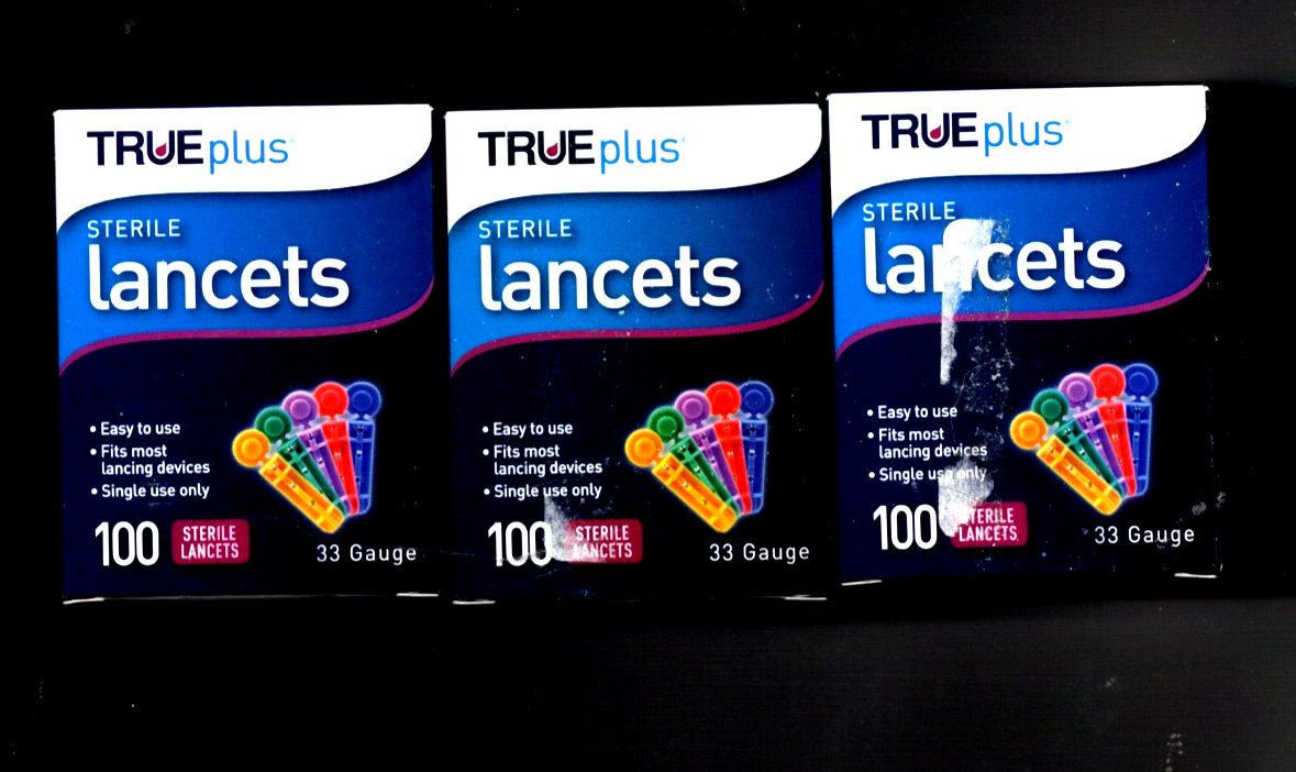 TRUE plus Sterile Lancets 33 Gauge 100 Count -lot of 3