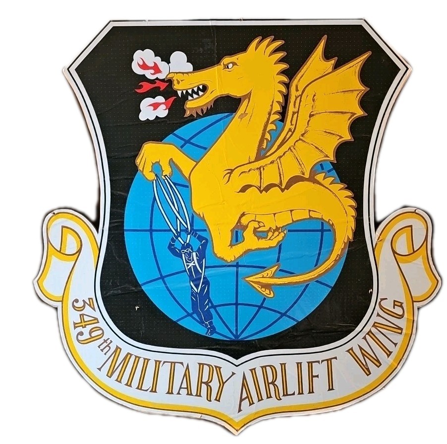 USAF 349th Military Airlift Wing Large Sign 30” Dragon Crest Vintage Base Art