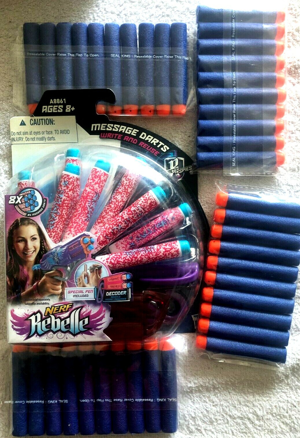 Nerf Rebelle 8 Pack Message Darts Refill + 4 Pack of 10 Blue Darts (48 Darts)B33