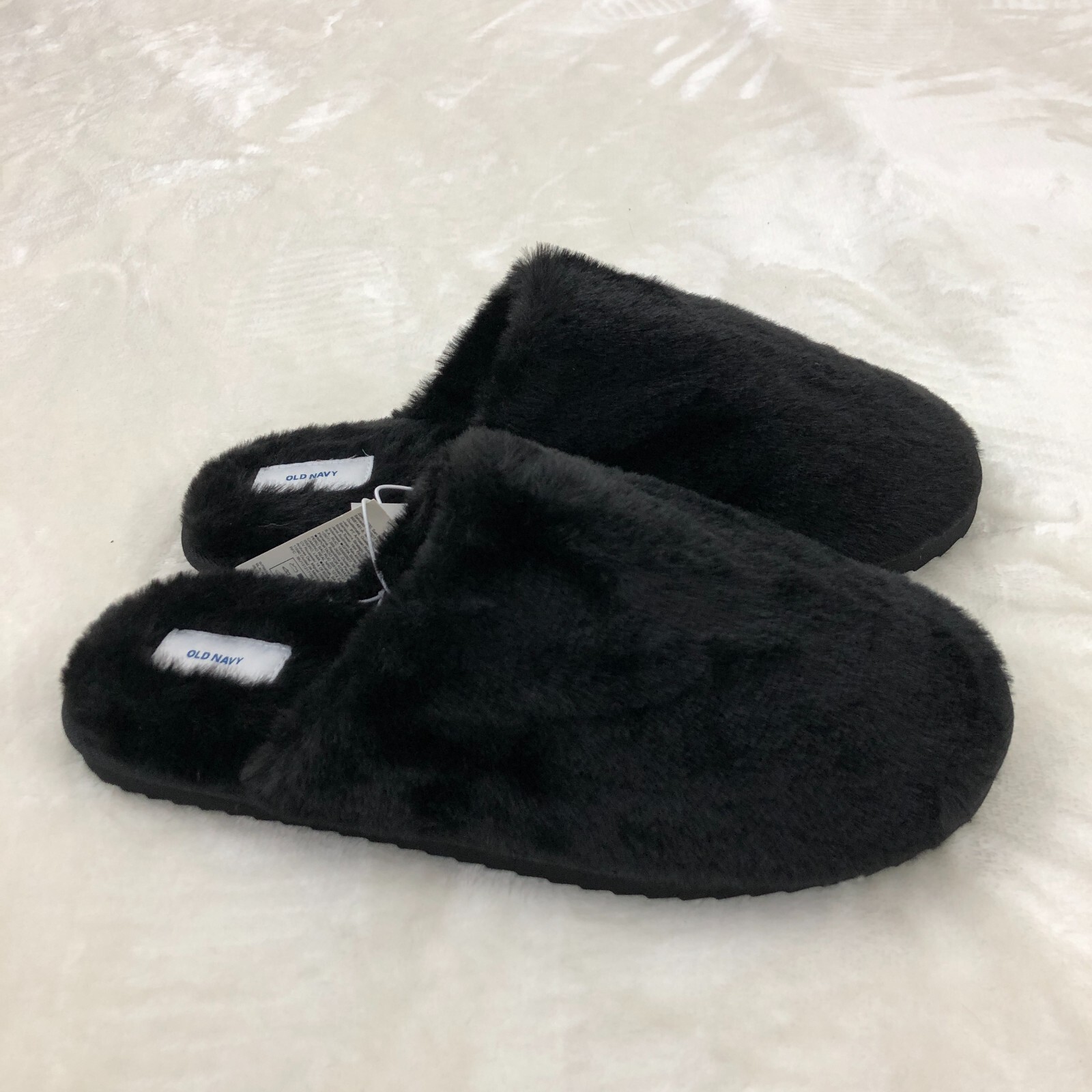Old Navy Womens Size 9 Faux Fur Slipper Mule Slip-On Hard Bottom Black Jack