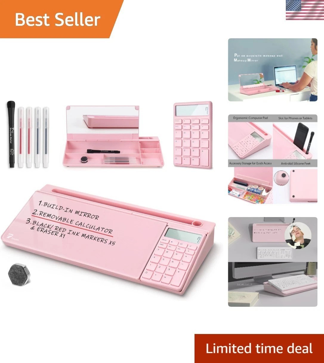 Glass Desk Whiteboard with Calculator 17x6 in, Desk Organizer, Pink | Desktop...