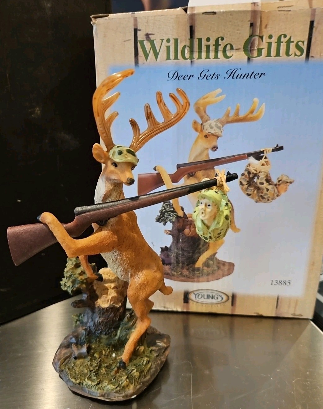 Christmas Buck Deer Hunter Figurine trussed up hunter/rifle Role Reversal Resin