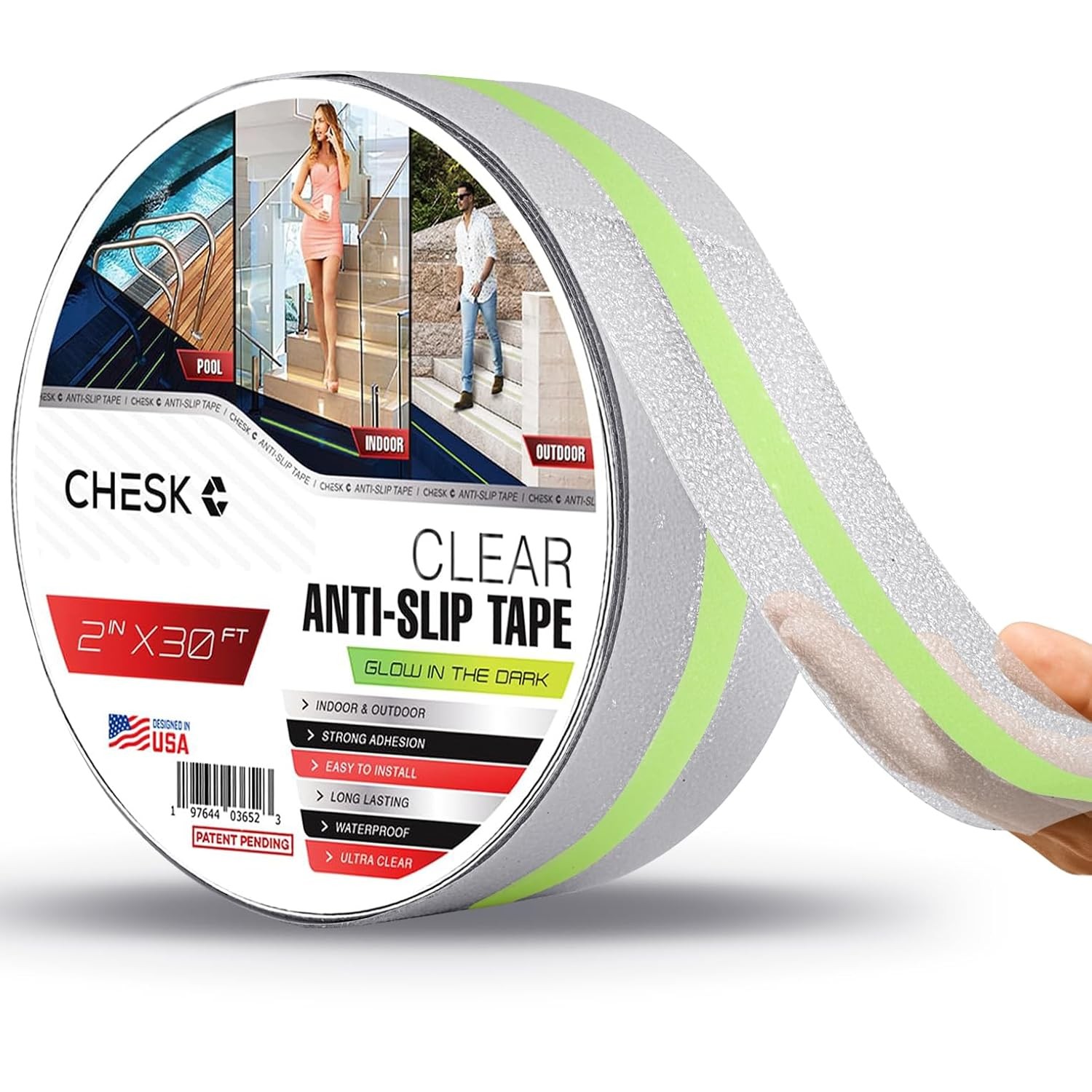 CHESK Grip Tape Clear Glow in The Dark 2in x 30 ft, clear with a line of glow