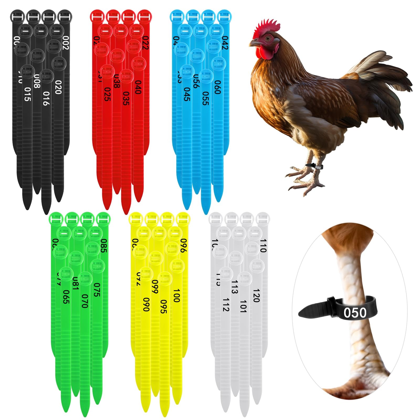 120 Pcs Adjustable Numbered Chicken Leg Bands Colorful Poultry Rings 10-30mm
