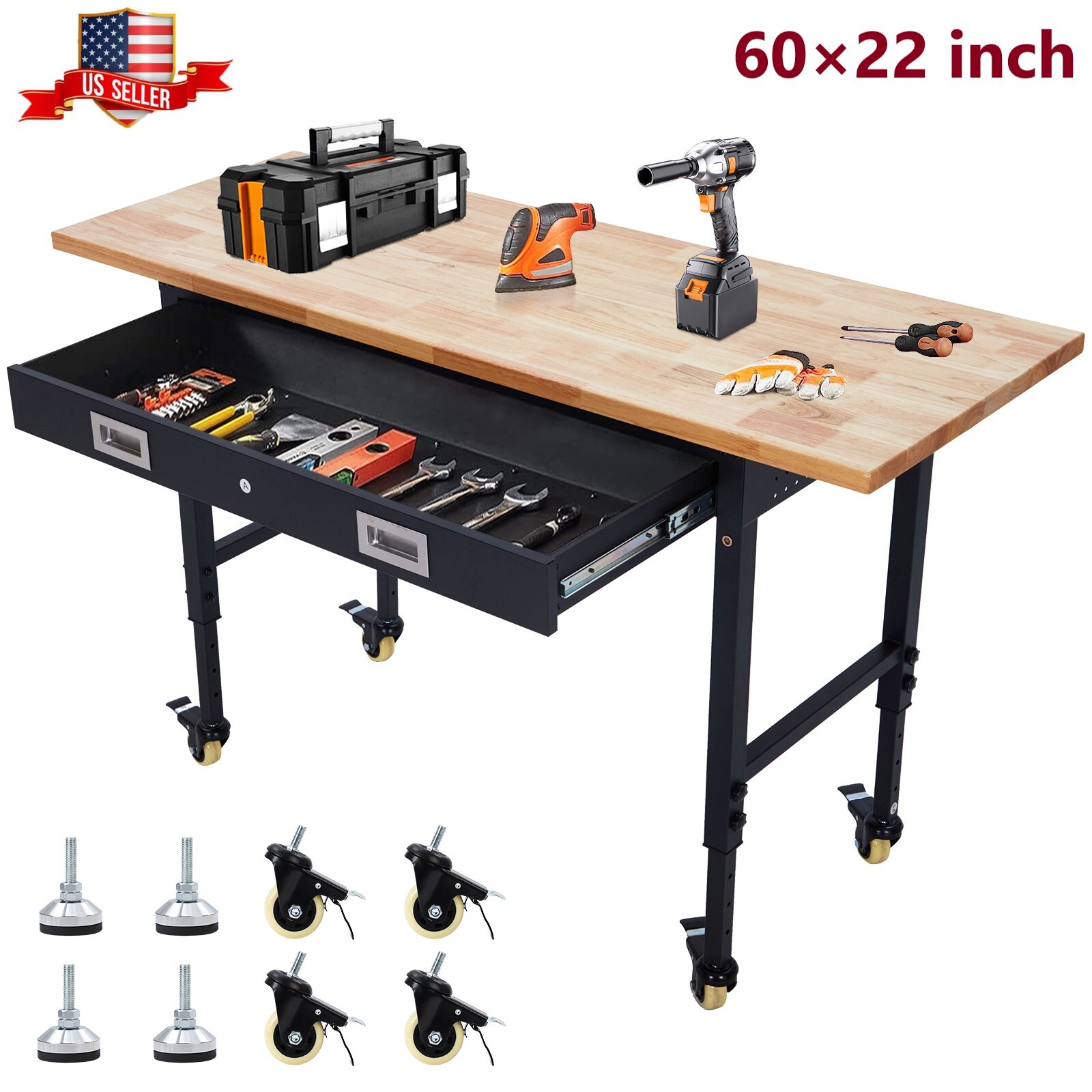 60" Adjustable Workbench w/ Drawer & Power Outlet Rubber Wood Top 2000LBS Load