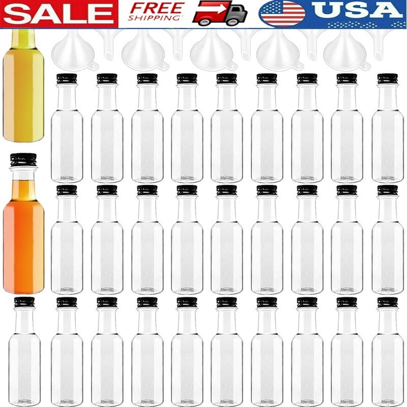 30 Mini Plastic Liquor Bottles W/ 10 Funnels Sauces Oils Whiskey Sharing Parties