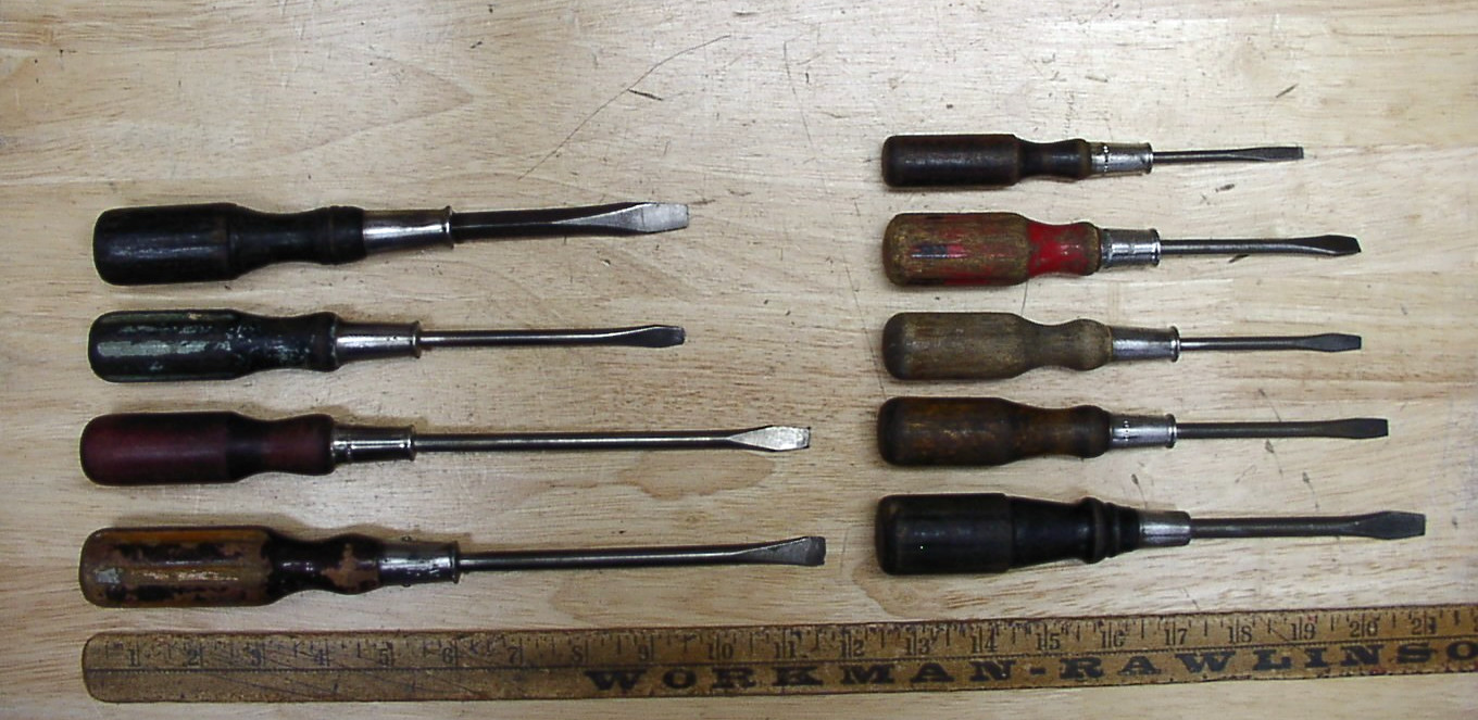 9 Vntg Unbranded Wood Handle Screwdrivers,6-9/16"-11-5/16",Instant Collection!