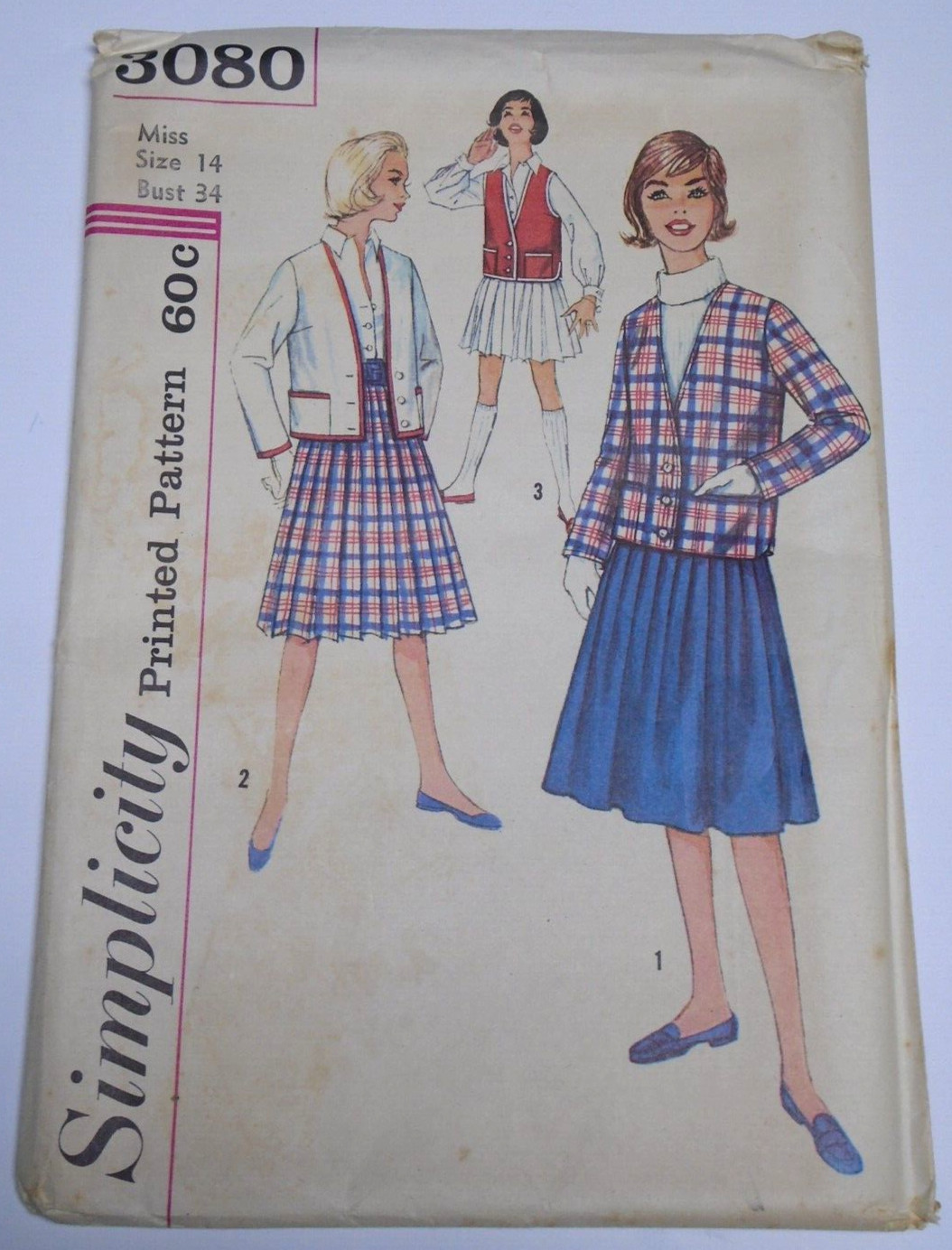 Simplicity 3080 Miss School Girl/Sweater/Pleated Skirt Sz 14; B34 1959 Complete