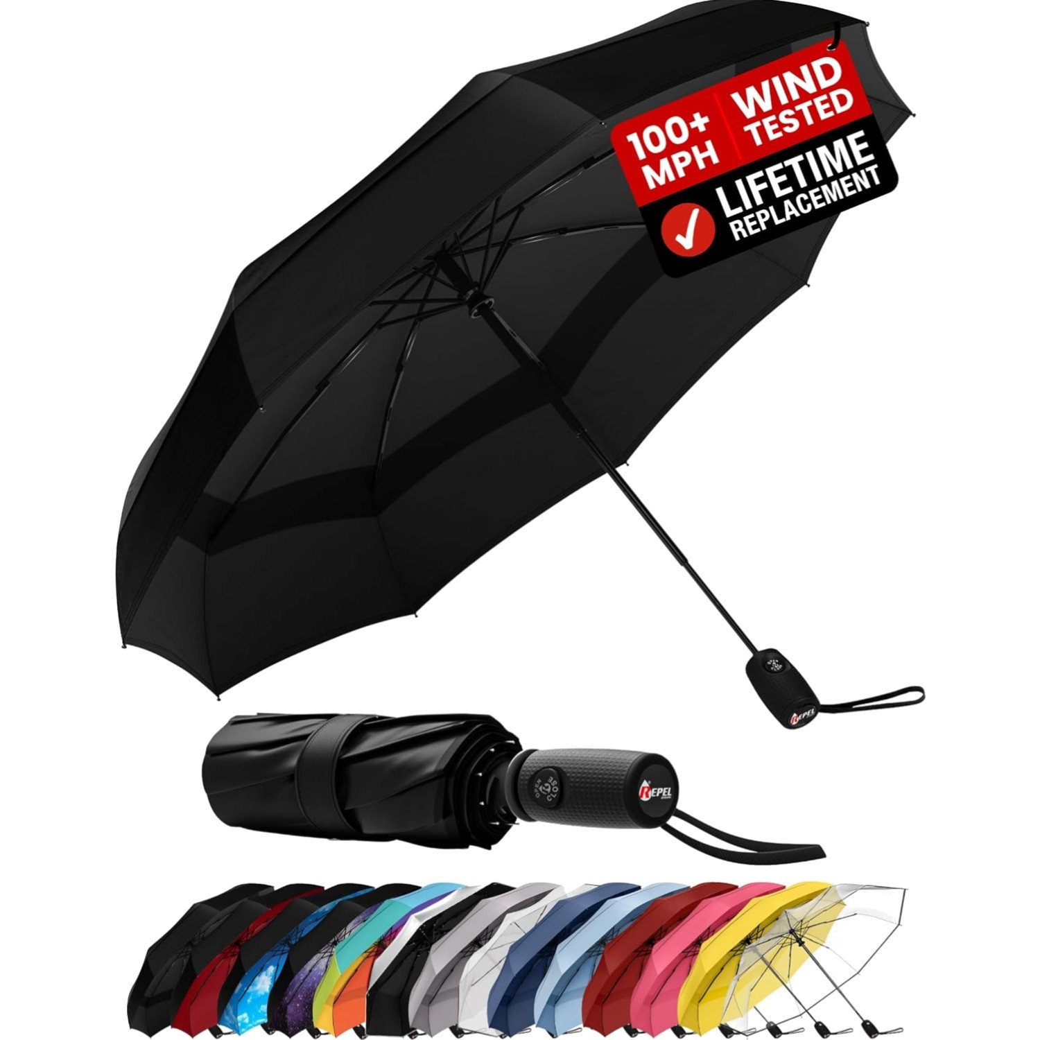 Repel Travel Umbrella Windproof Compact Auto Folding 100 MPH Black