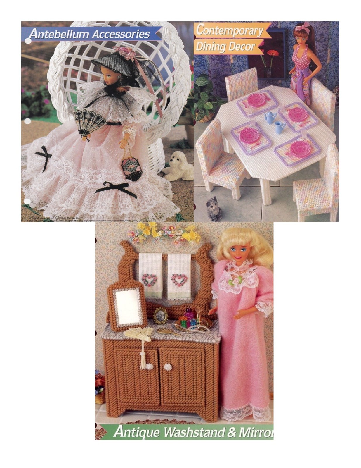 Lot of 3 FASHION DOLL Plastic Canvas Patterns ~ Dining Table, Washstand & More