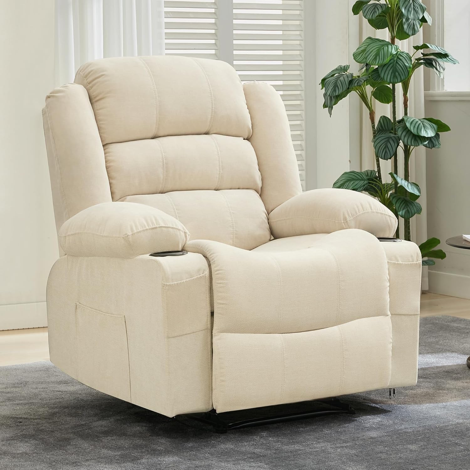 Oversized Recliner Chair with Pull Tab Recline Headrest Cup Holders Side Pockets