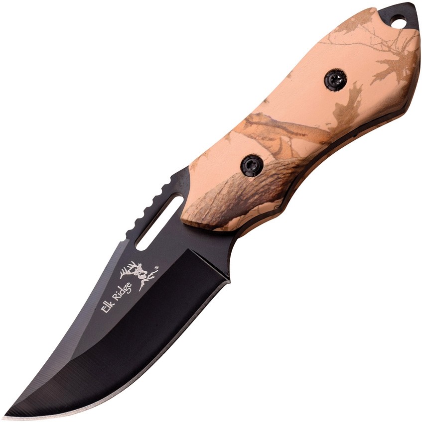 Fixed Blade Knife Elk Ridge 6" Full Tang Black Blade Camo Handle Skinner ER562BC