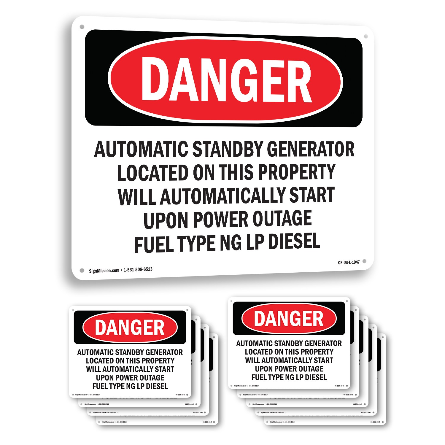 Automatic Standby Generator Located On This OSHA Danger Sign, Decal 5 or 10 Pack
