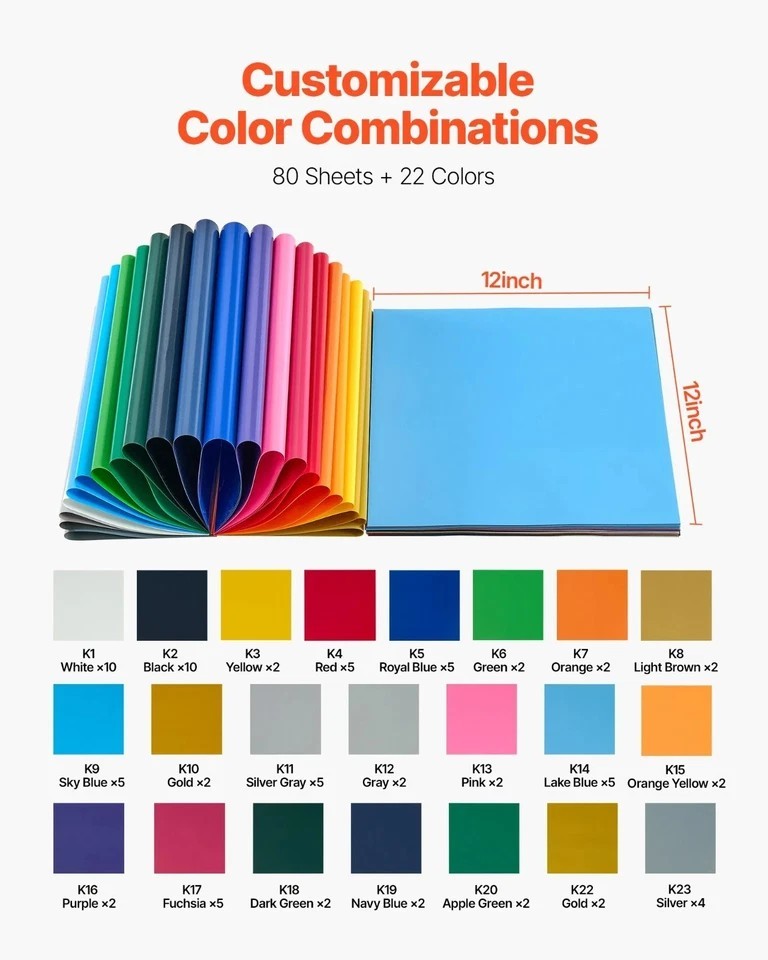 Heat Transfer Vinyl, 80 Pack, 12 x 12 in, Assorted Colors HTV Iron on Vinyl Bund