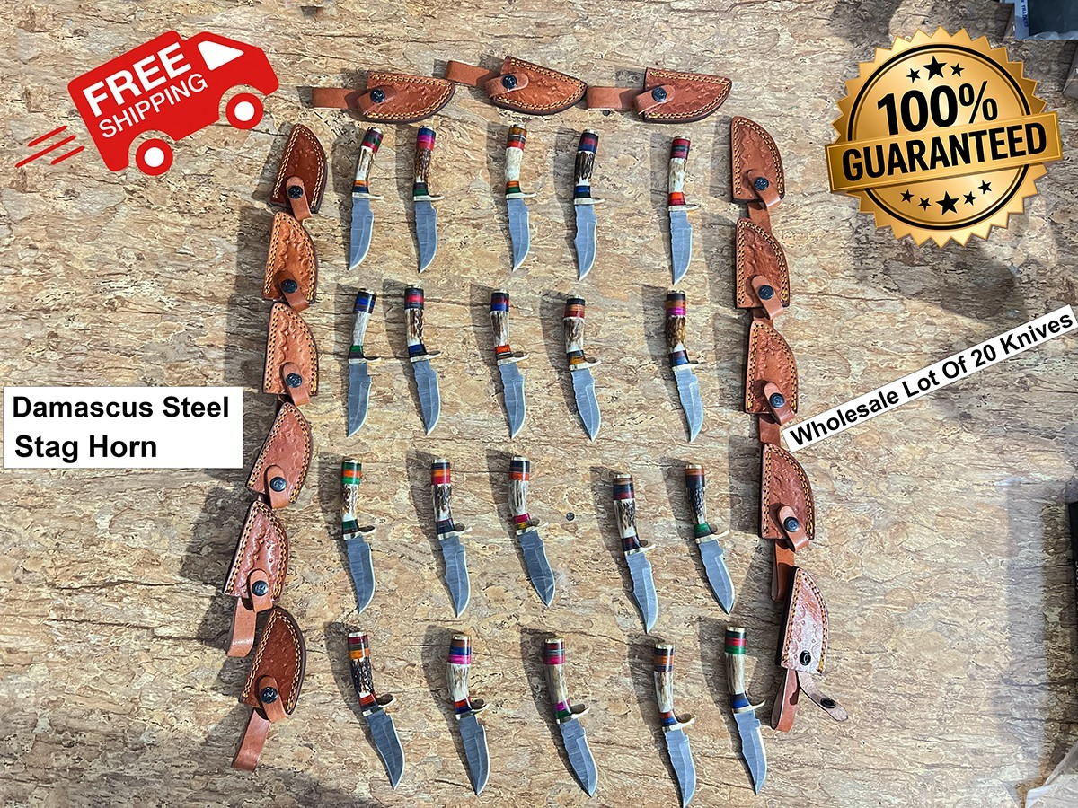 LOTS OF 20, 6"INCHES HANDMADE DAMASCUS STEEL SKINNER KNIVES STAG/ANTLER W/SHEATH