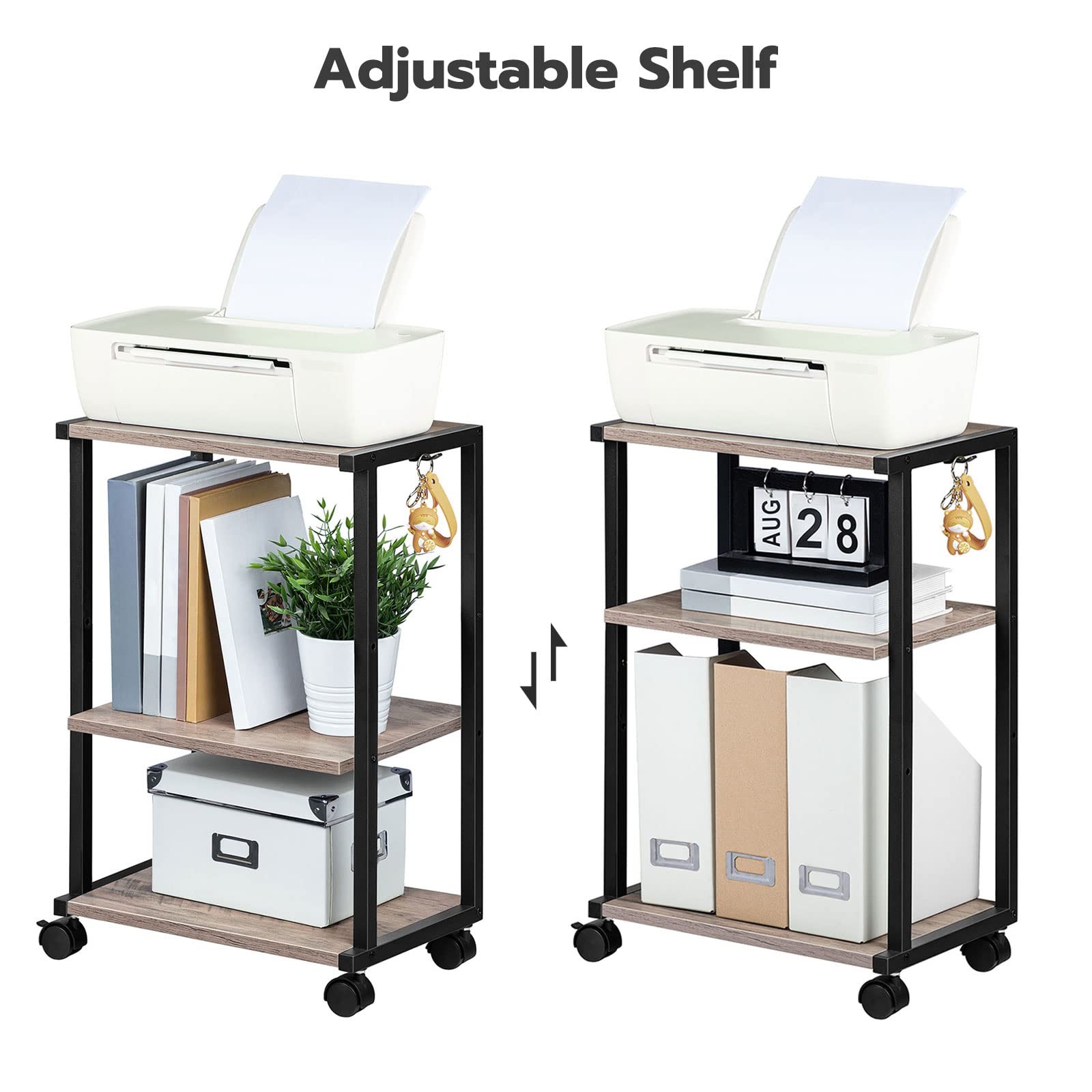 BG28PS01N1 3Tier Industrial Adjustable Mobile Rolling Printer Stand Cart Table