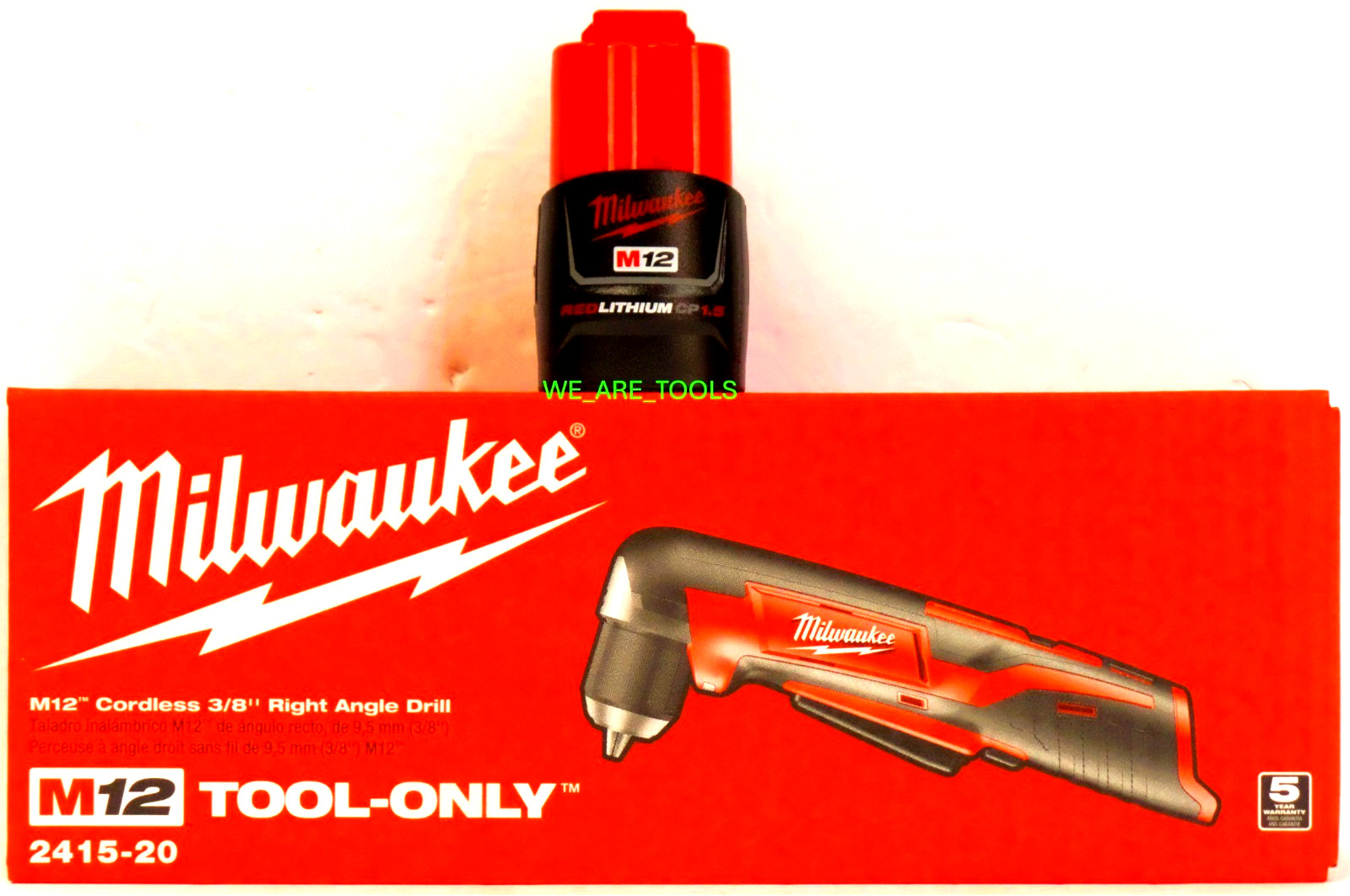 New In Box Milwaukee 2415-20 M12 3/8" Right Angle Drill, 1) 1.5 Ah Battery 12V