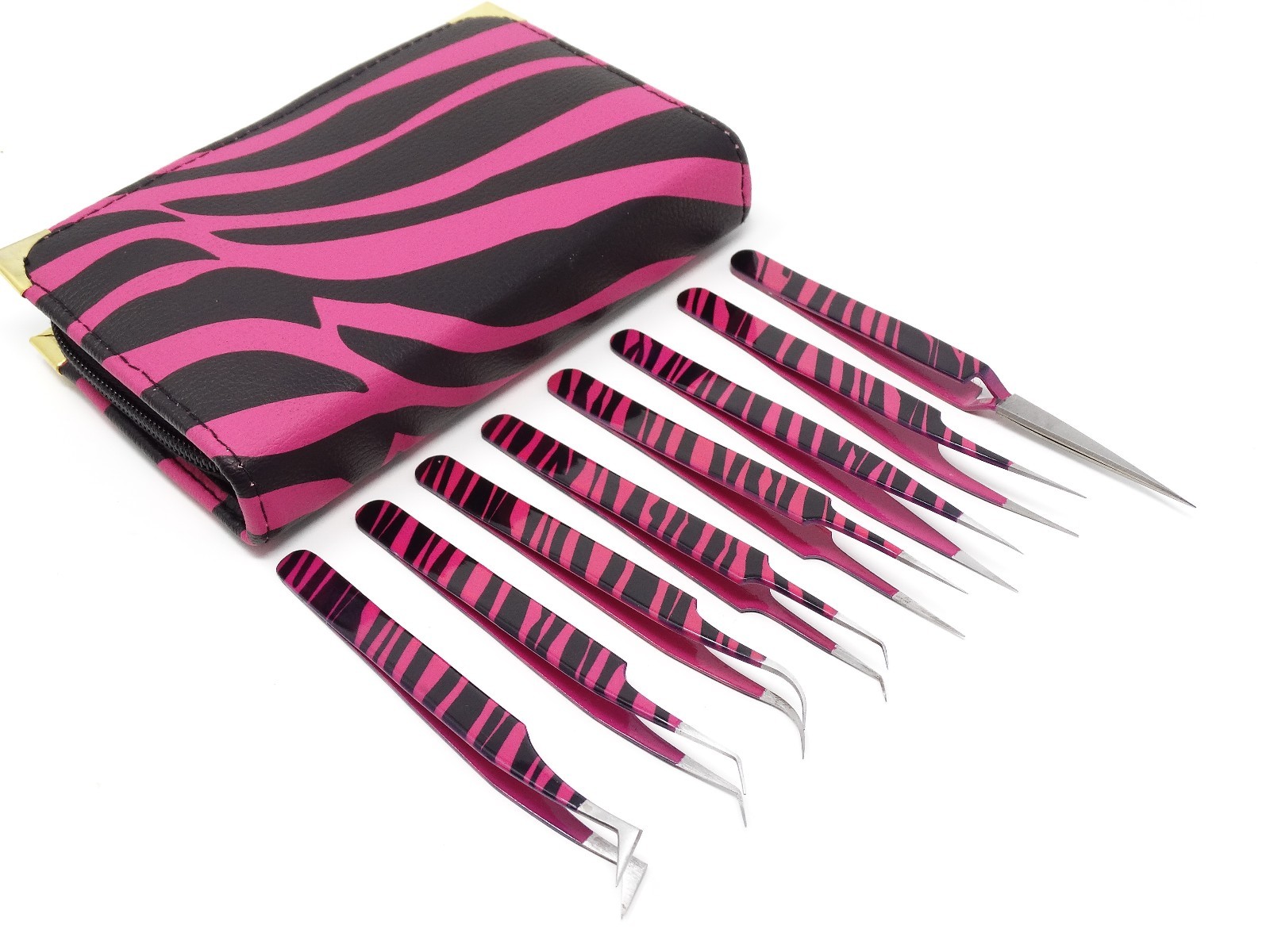 Eyelash Extension Tweezers Fine Point  8 Piece Stainless Steel PINK BLACK ZEBRA