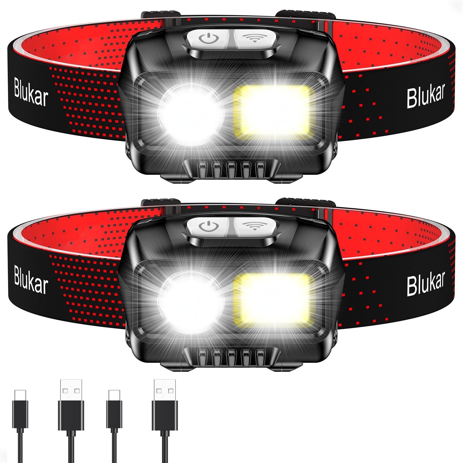 Blukar LED Headlamp Rechargeable, 2000L Super Bright Headlight 2 Pack, Black
