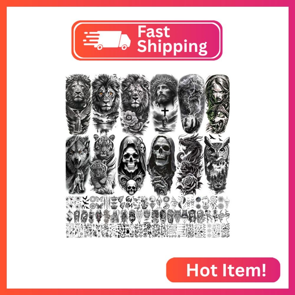 75 Sheets Skull Temporary Tattoos For Men Adults Forearm, Halloween Zeus God Lio