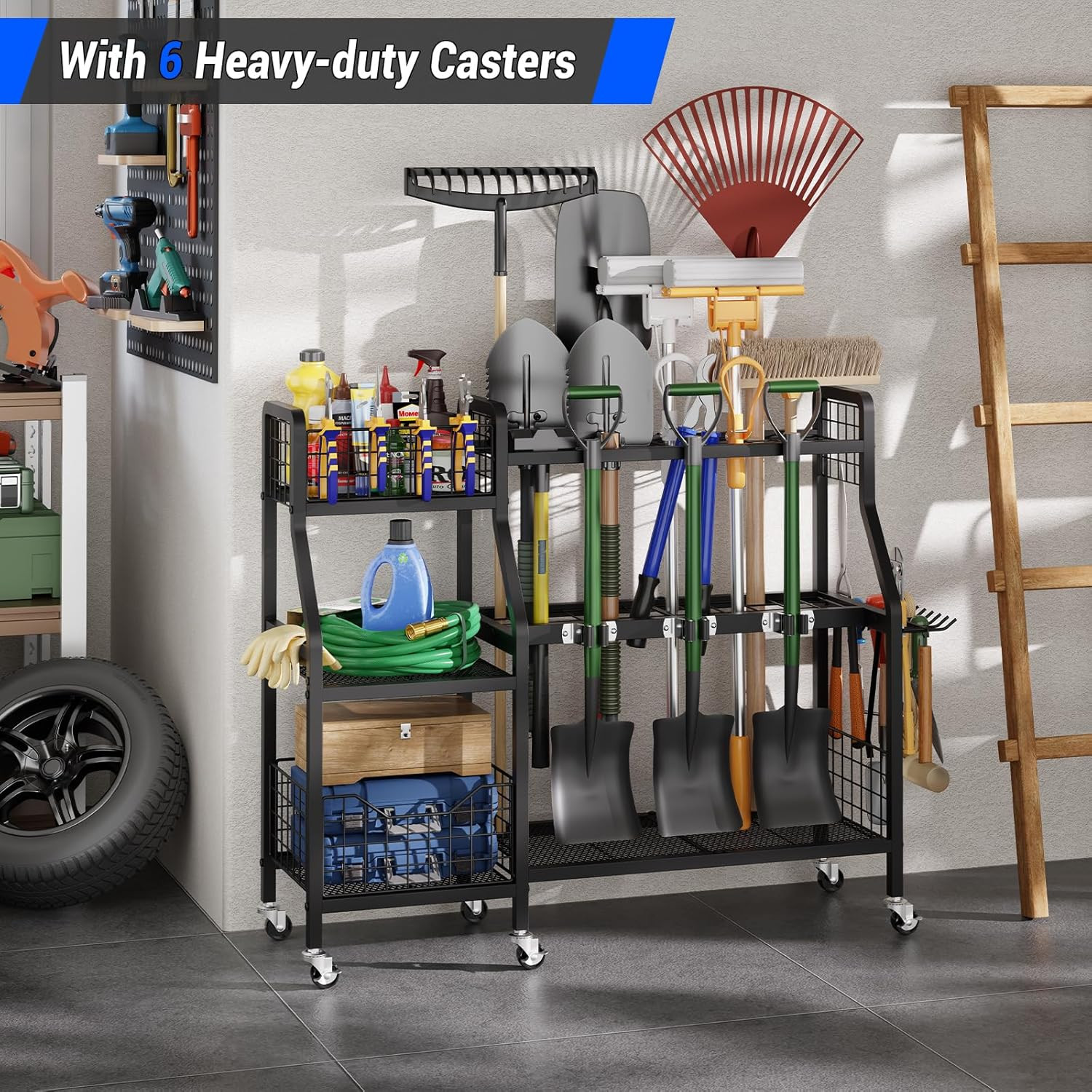 Garden Tool Organizer with 6 Wheels(3 Lockable), Heavy Duty Yard Tool Organizer