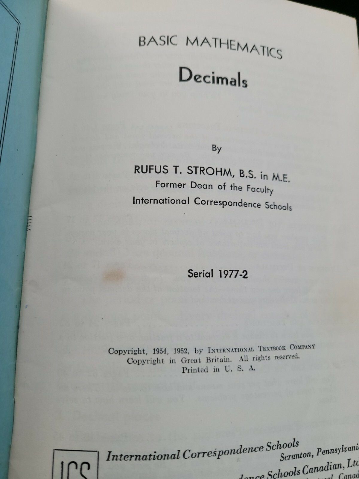 Basic Mathematics Decimals Rufus Strom 1977-2 Ed 3 ICS Stained 5" x 7.5" SY85