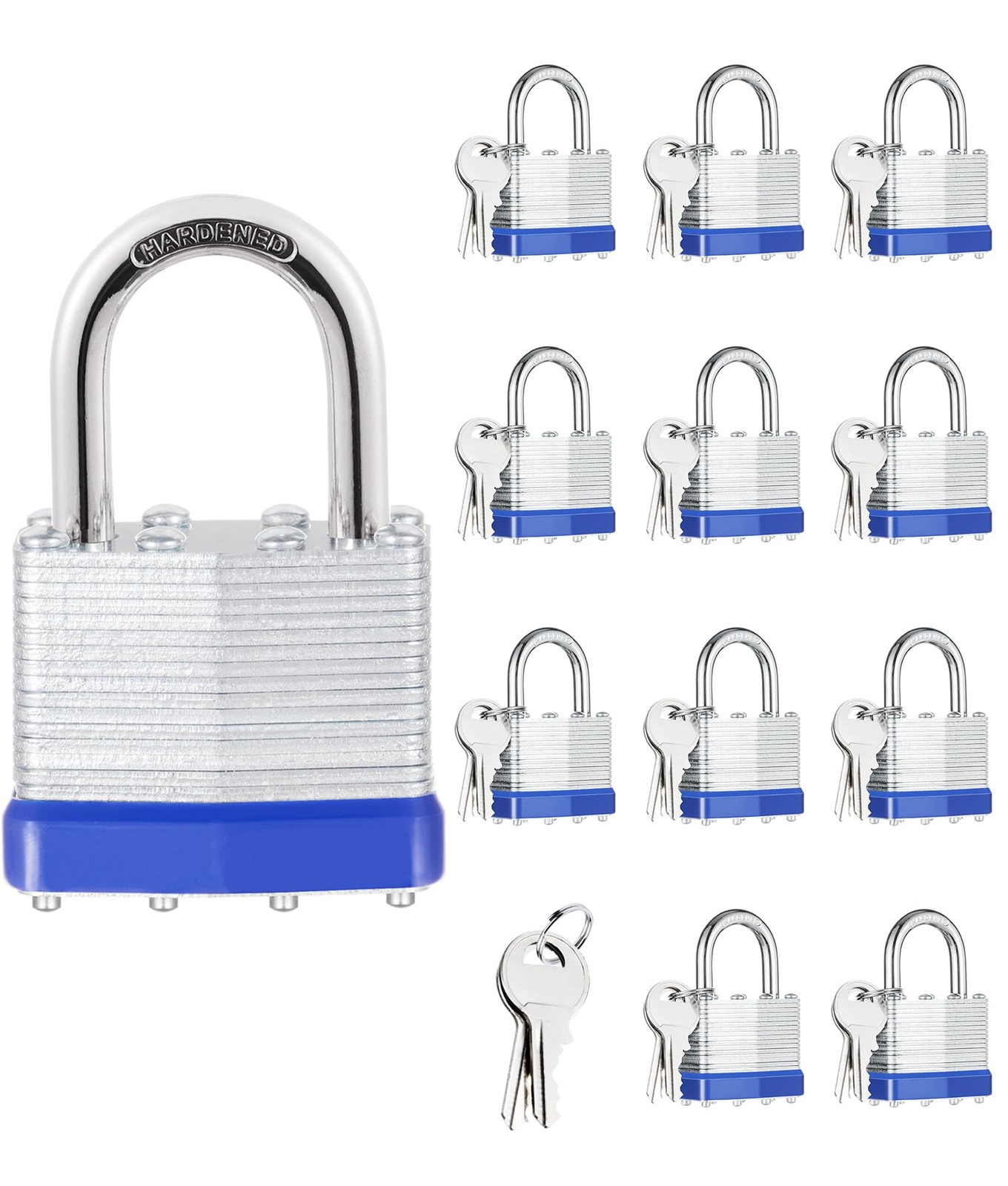 12Pcs Padlocks with Same Keys,Laminated Steel ‎12 Pack Blue, ‎Blue silver