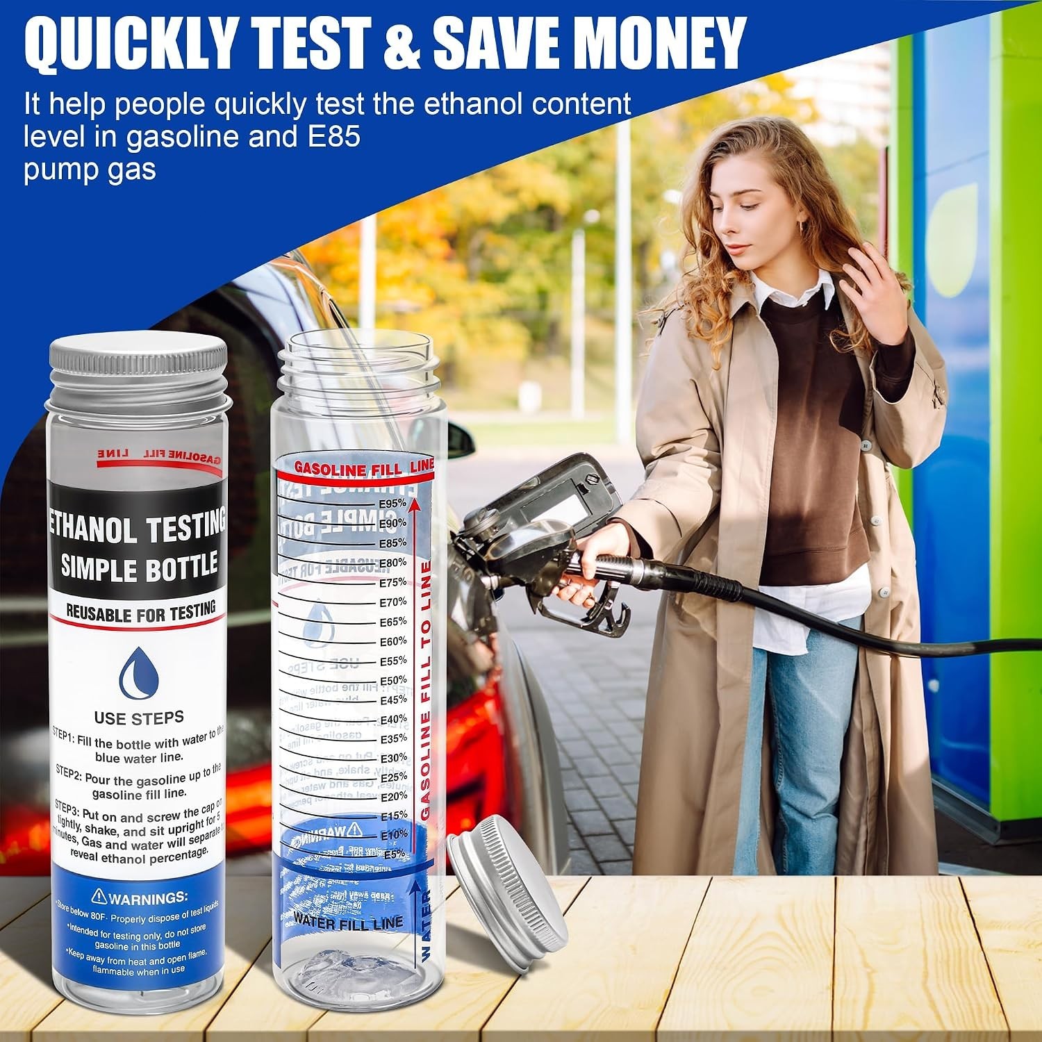 2 Pack E85 Ethanol Tester Bottle, E85 Fuel Gasoline Octane Level Tester with Wid