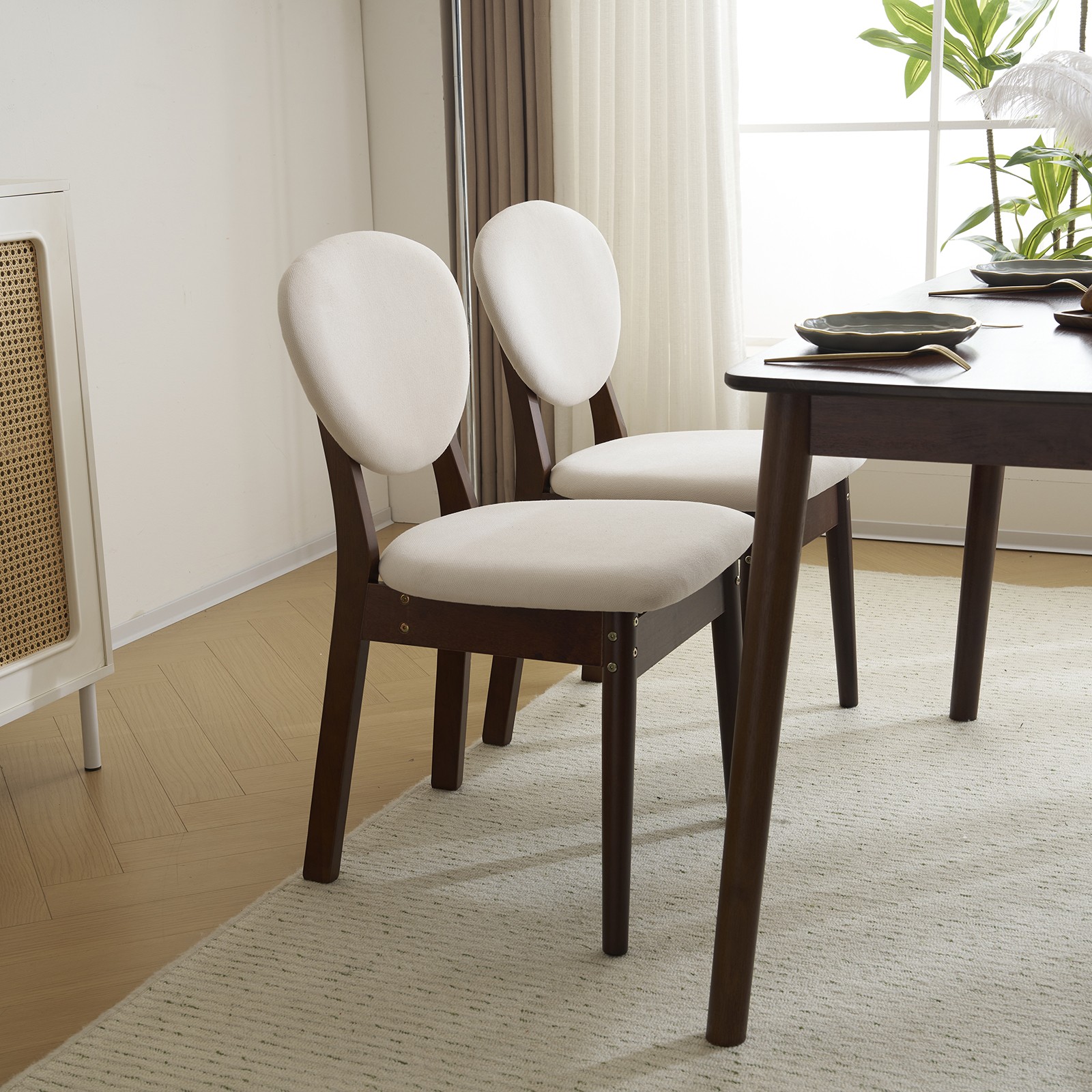 5pc Solid Wood Dining Set Deep Walnut Table & 4 Beige Padded Chairs Space-Saving