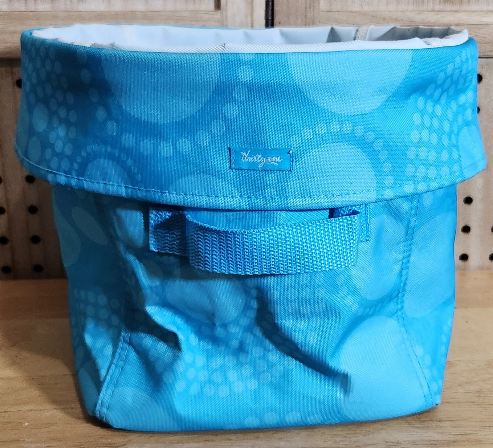 31 Thirty One 9" Large Round Utility Collapsible Bin Aqua Circle Spirals Blue