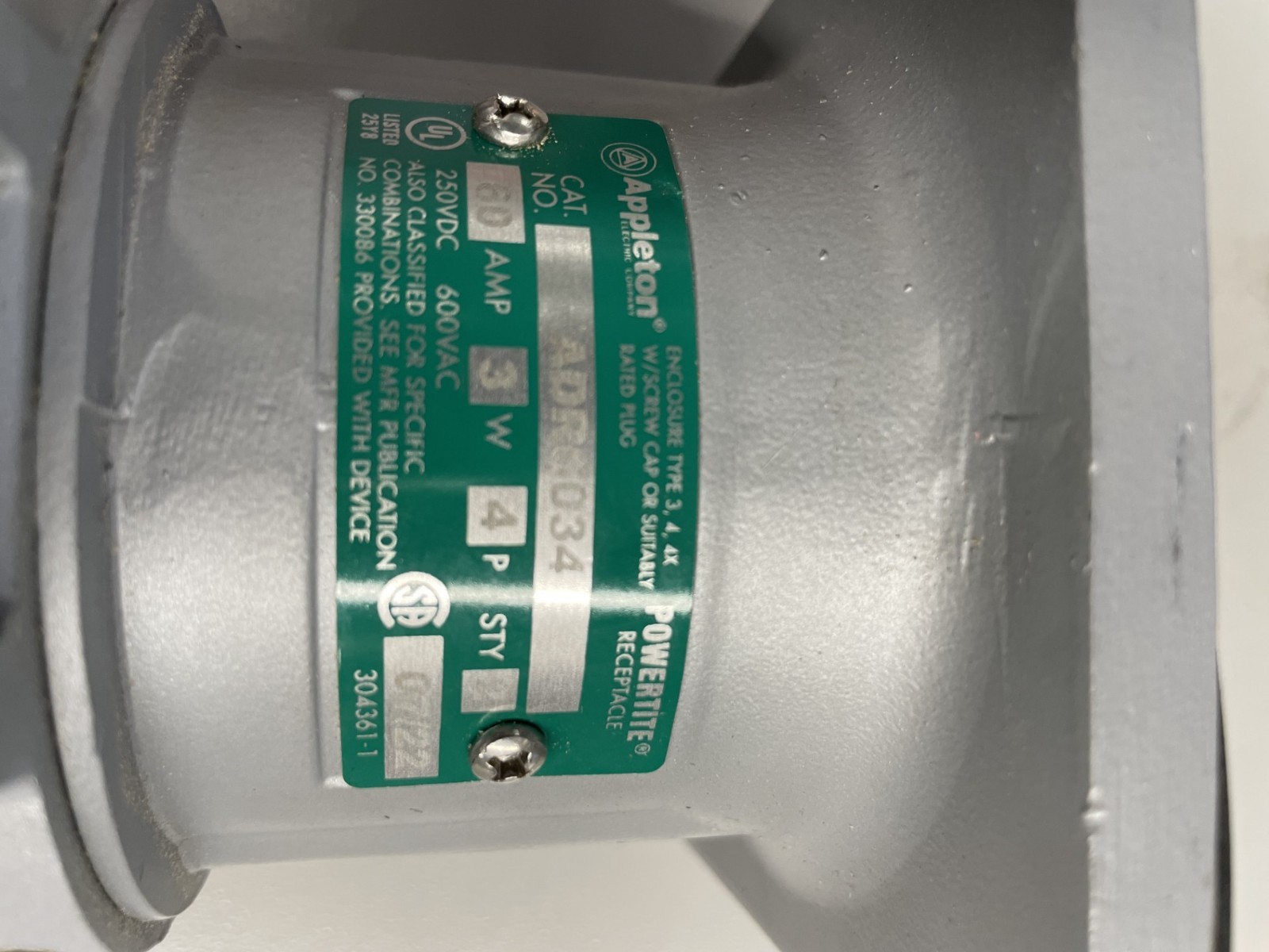Appleton Pin & Sleeve Receptacle, 60 Amp, 4-Pole, 3-Wire
