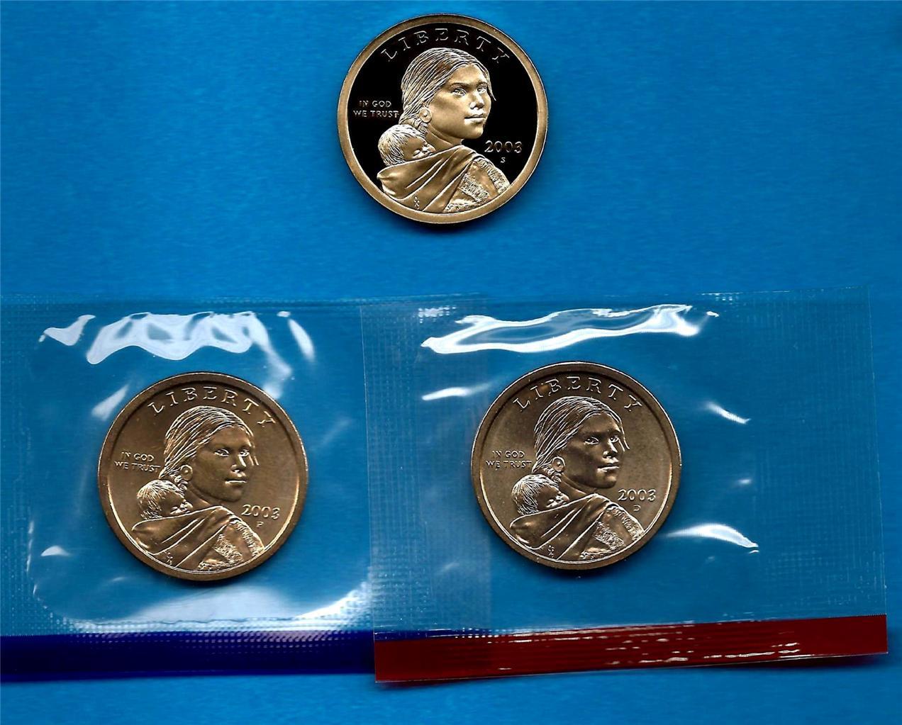 2003 P D and S BU and Gem Proof Sacagawea Native American Dollars - Three Coins