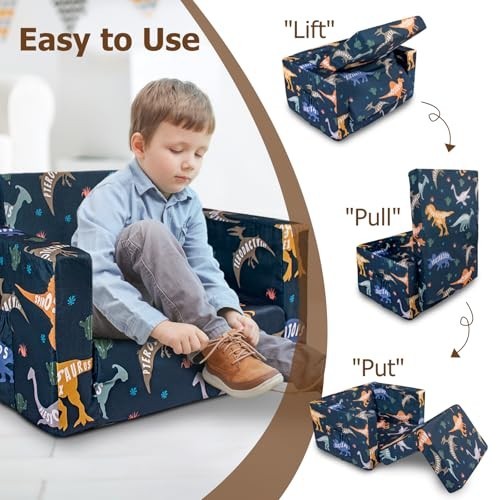 2-in-1 Kids Fold Out Couch & Lounger, Soft Toddler Sofa for Boys & Girls, Dinosa