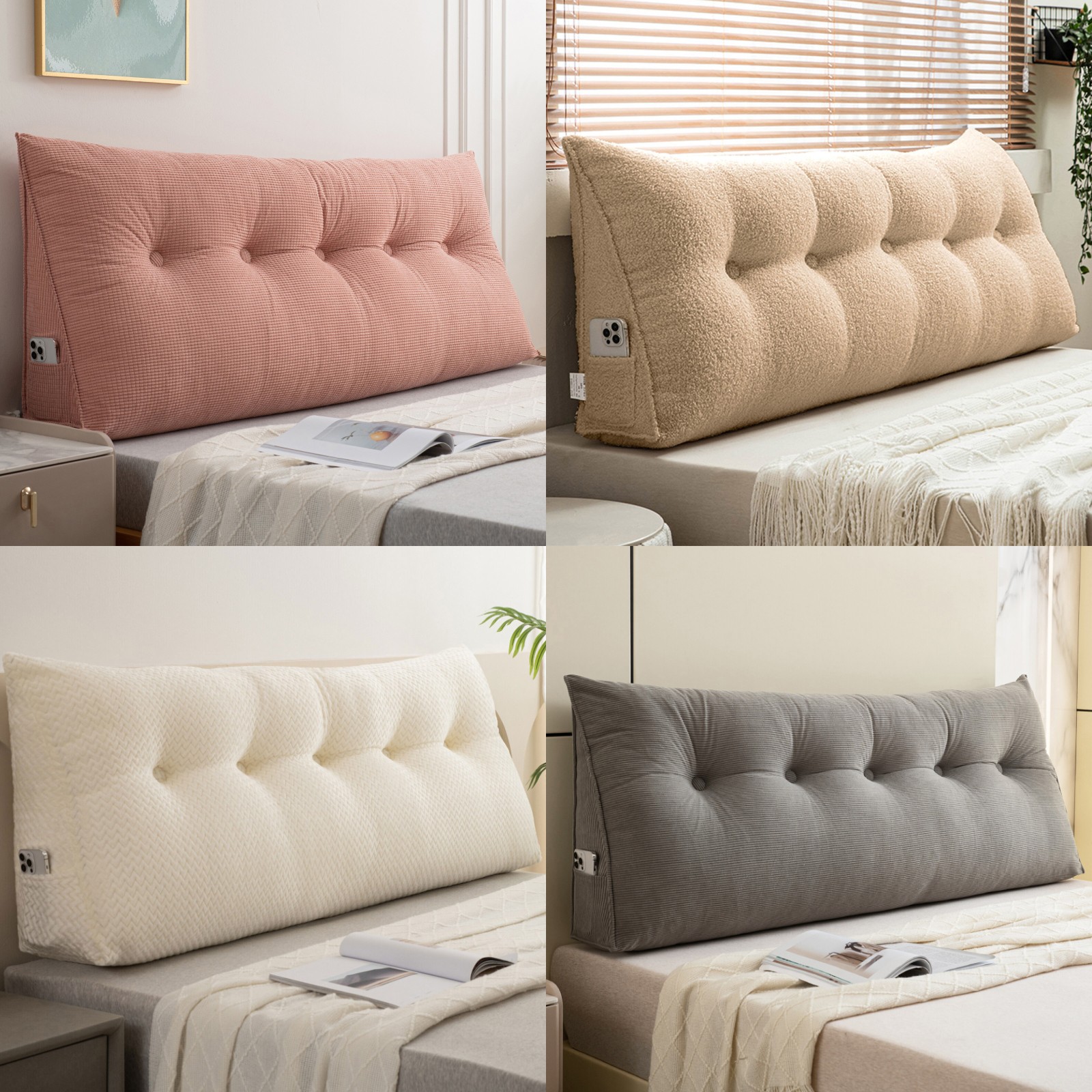 Velvet Headboard Pillow Back Support Reading Pillow w/ Removable Cover for Bed