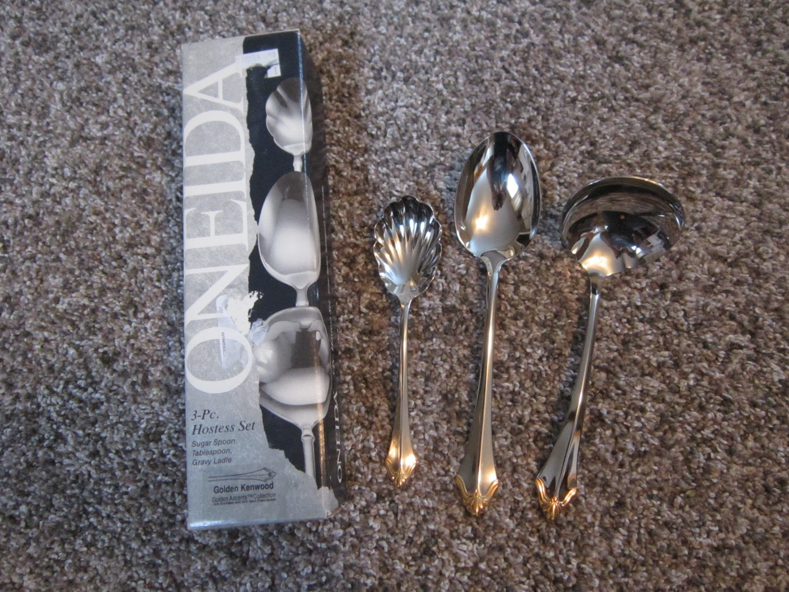 3 PIECE HOSTESS SET ONEIDA GOLDEN KENWOOD SUGAR SERVING SPOONS LADLE NEW IN BOX