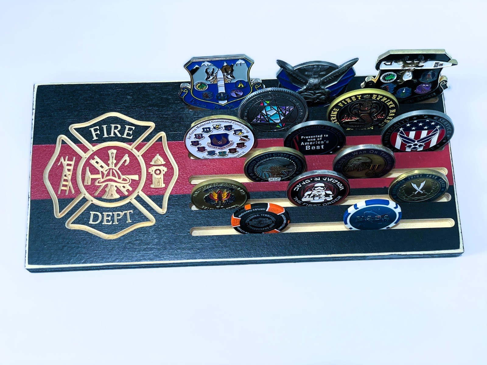 Firefighter Thin Red Line Challenge Coin Display Rack Engraved Wood Stand Gift