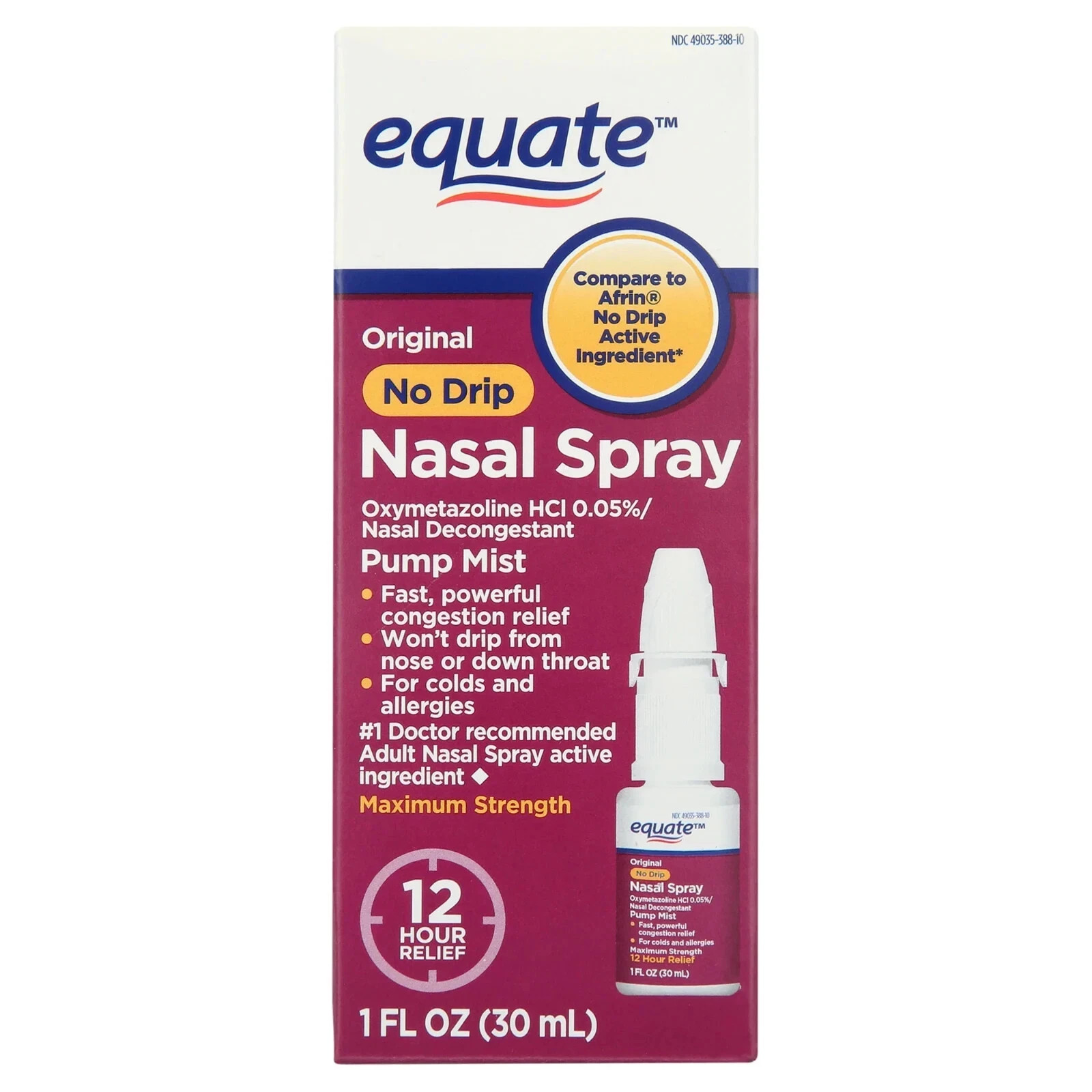 Equate No Drip Nasal Spray, Pump Mist, 12 Hour, 1 fl oz.