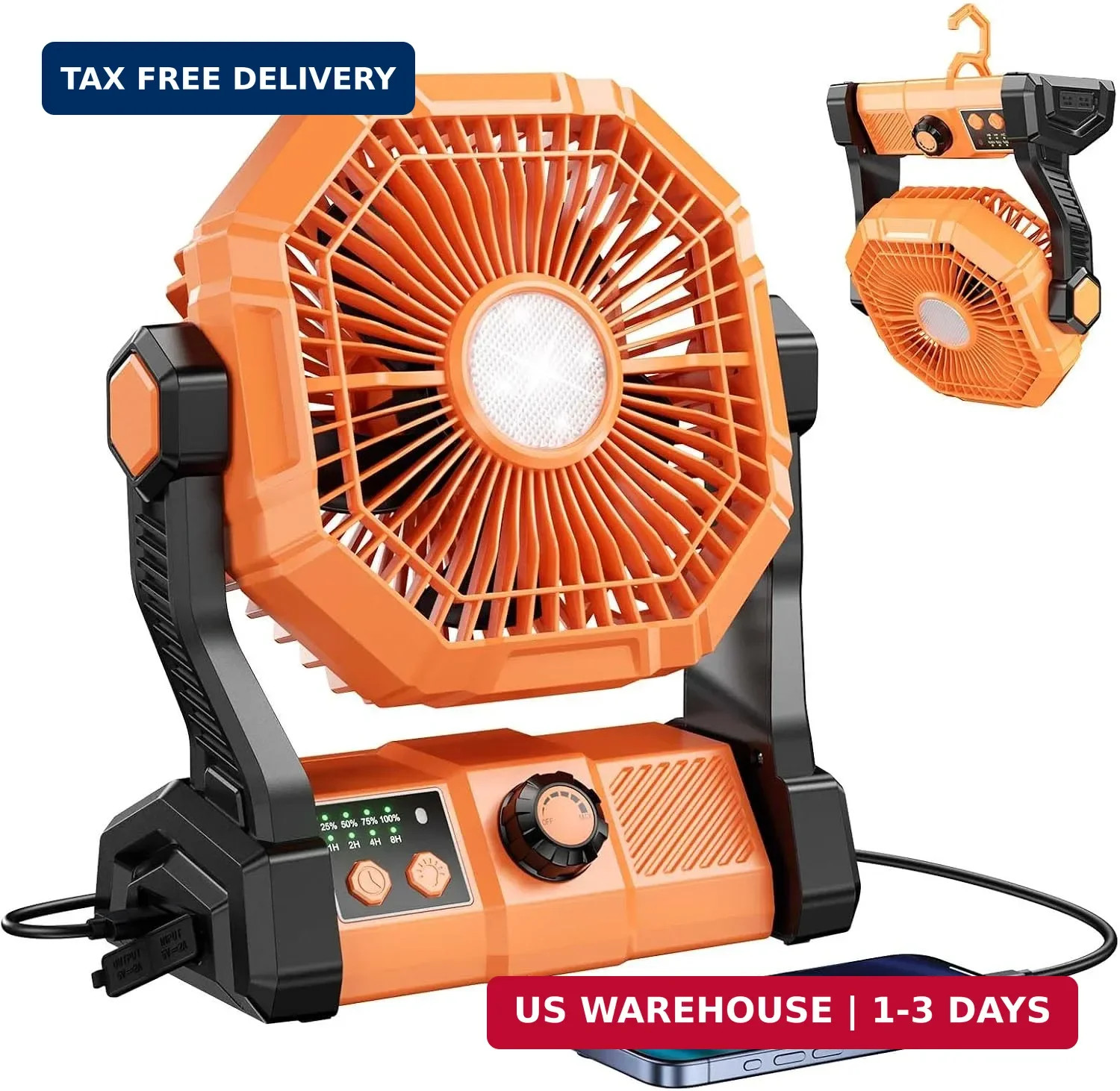 Camping Fan With 8 Speeds, 10000mAh Battery Operated Fan With LED Lantern, Outdo