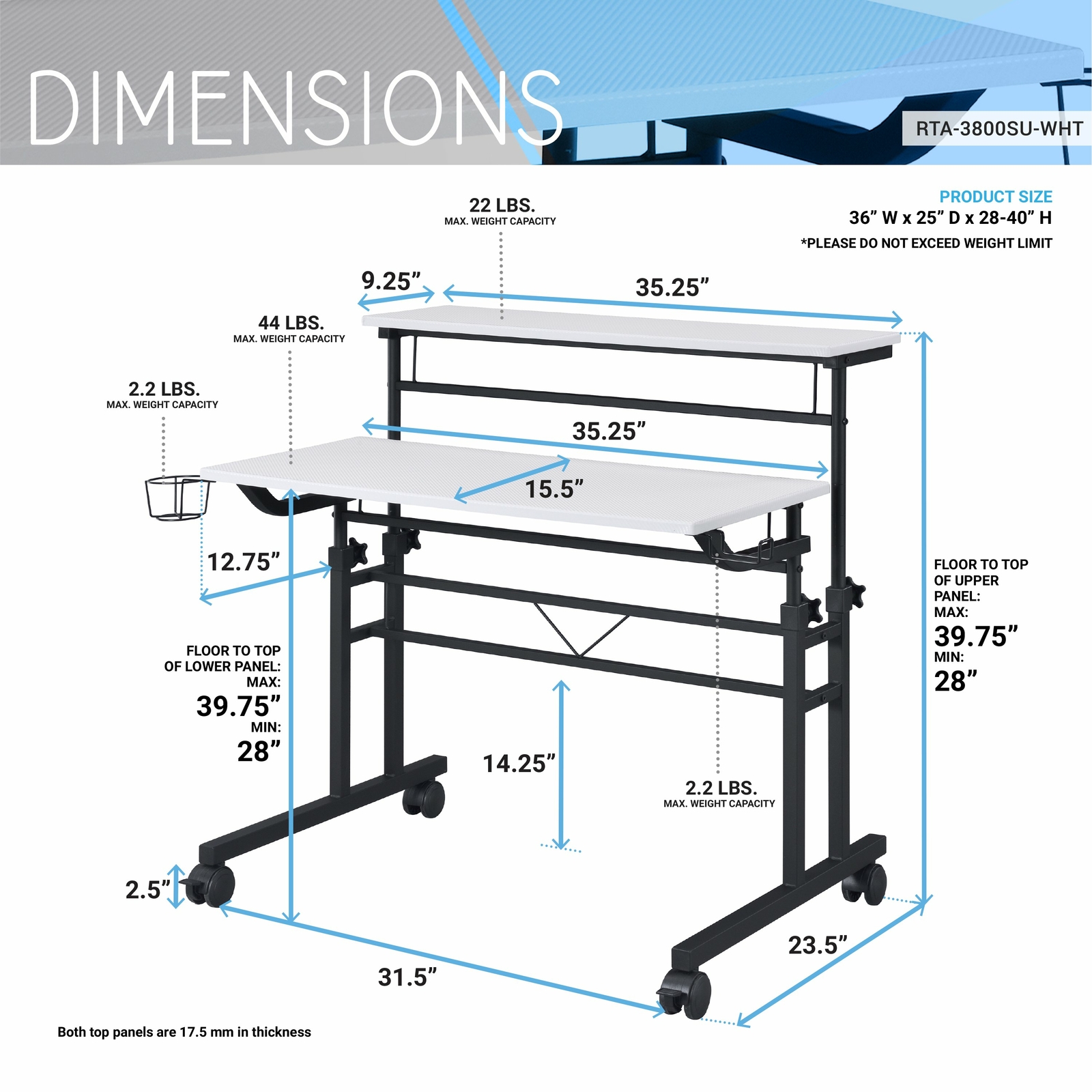 Techni Mobili Adjustable Rolling Desk