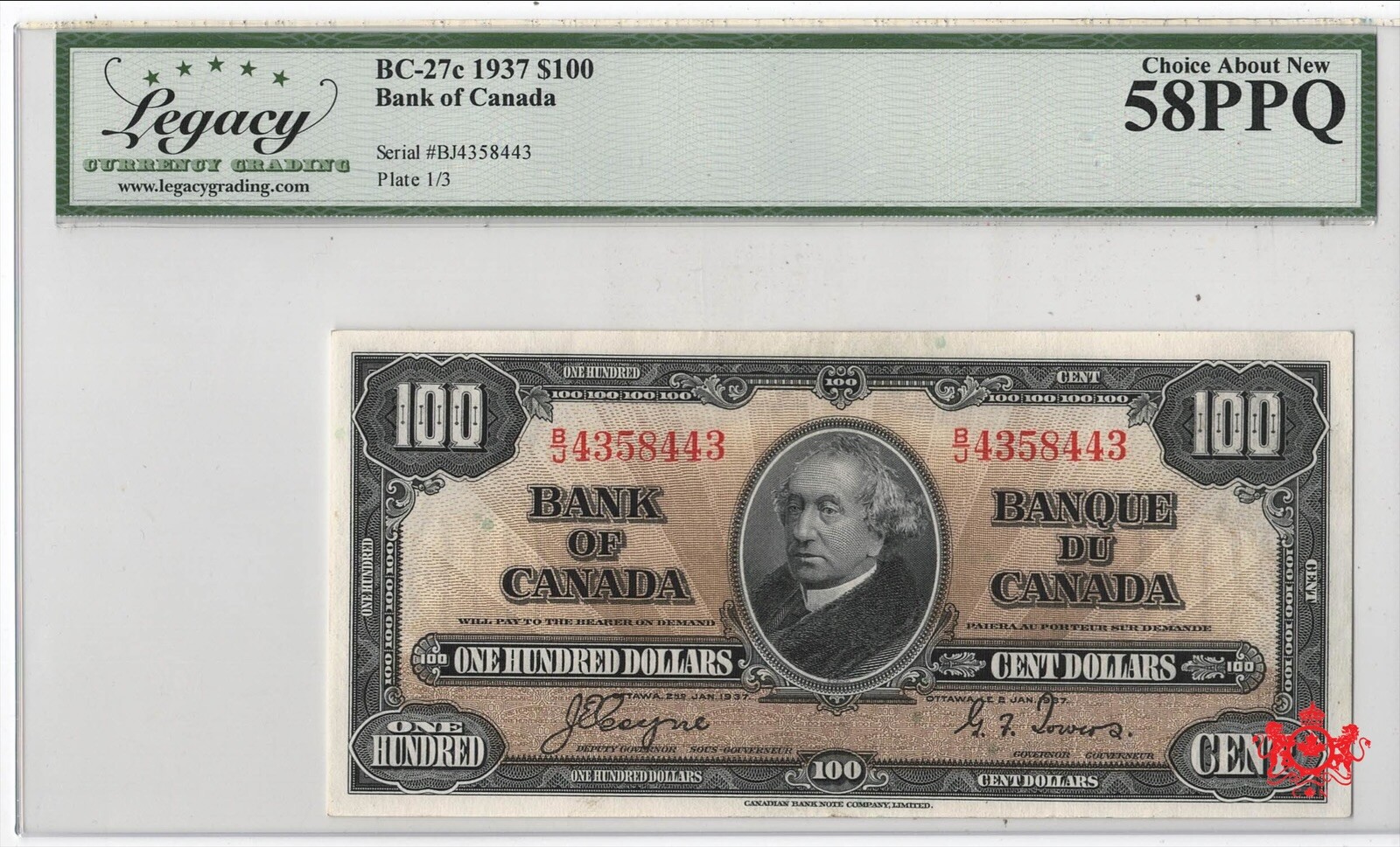 1937 Bank Of Canada 100$ Coyne/Towers B/J4358443 - Legacy AU58PPQ -