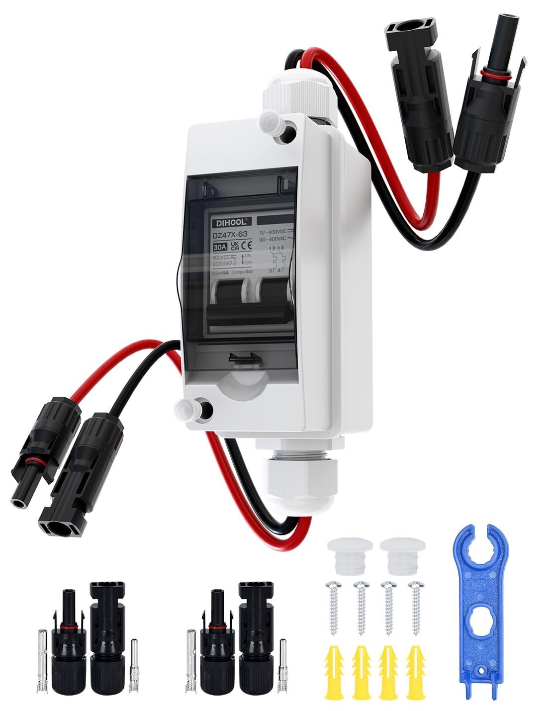 Non-Polarized 2-Pole Circuit Breaker for Solar Systems - 12V-400V Compatibility