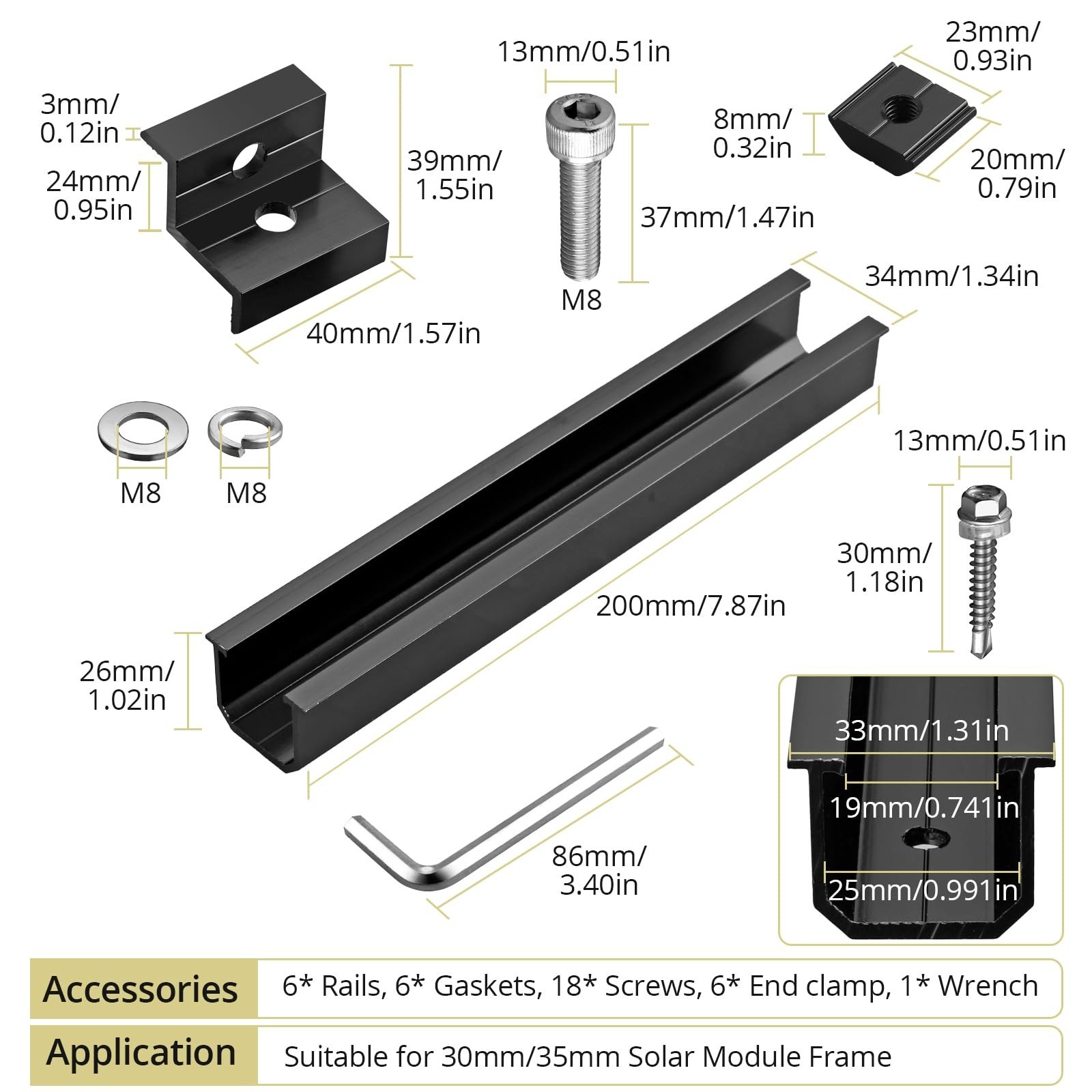 Anbte Solar Panel Bracket Kit, 6 Pcs 7.87 in Aluminium Solar Panel Mounting R...