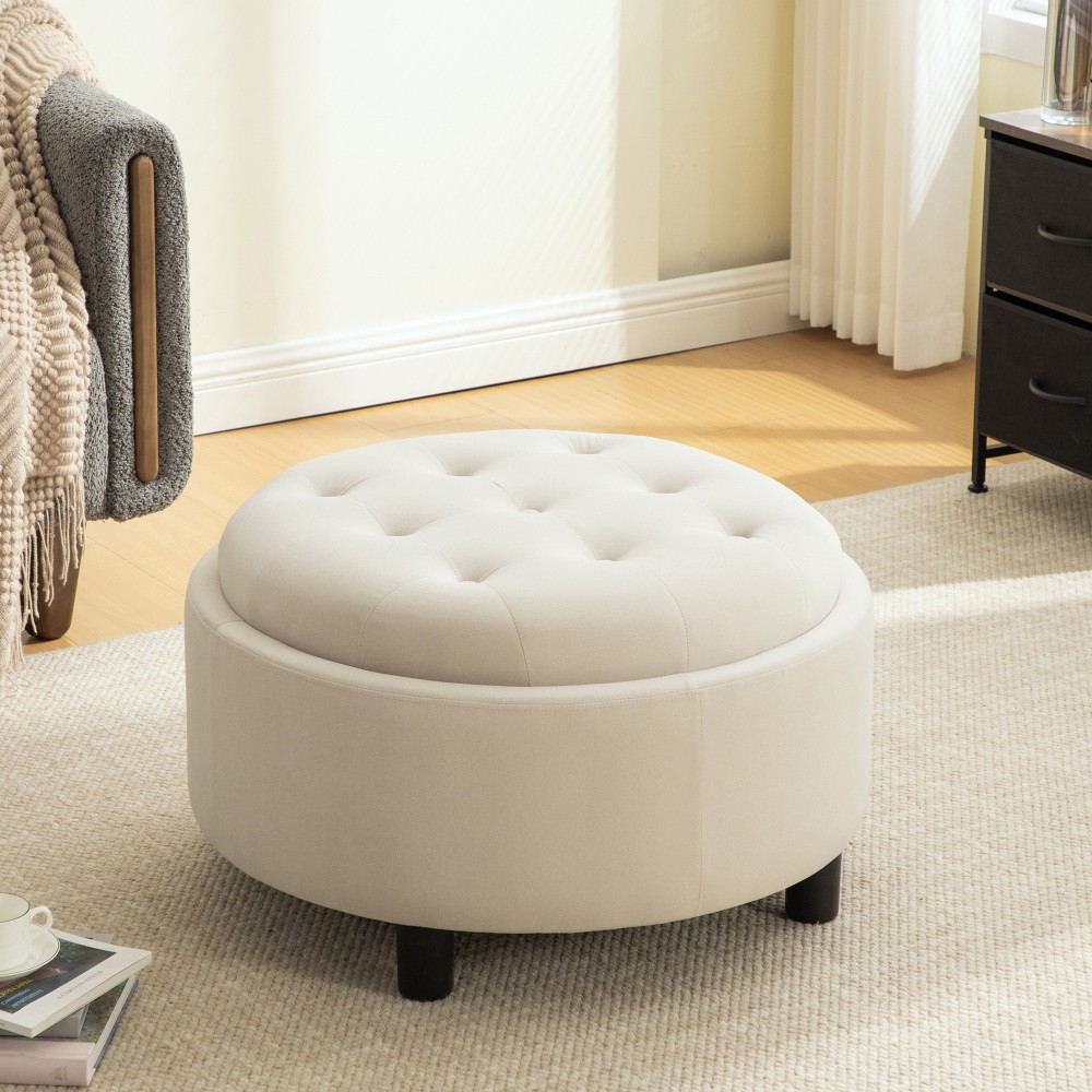 29.33inUpholstered Round Ottoman With Reversible Lid Fleece Fabric Storage Stool