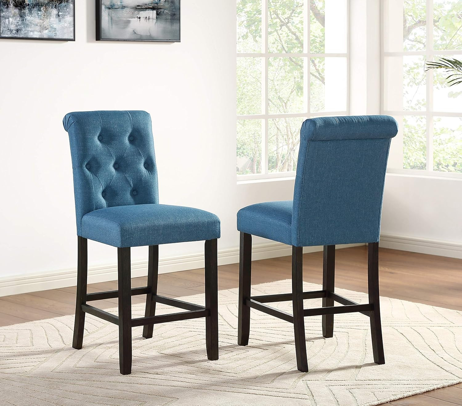 Hendley Blue Solid Wood Tufted Counter Height Stools, Set of 2