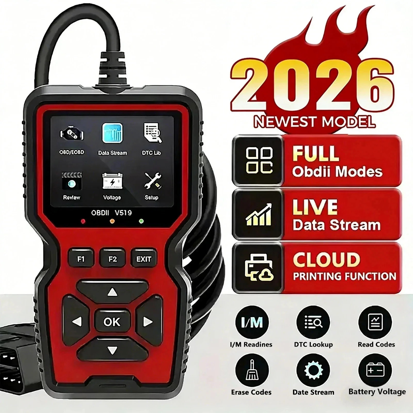 2026 V519 OBD2 Scanner Car Code Reader Check Engine Fault Diagnostic Tool OBDII