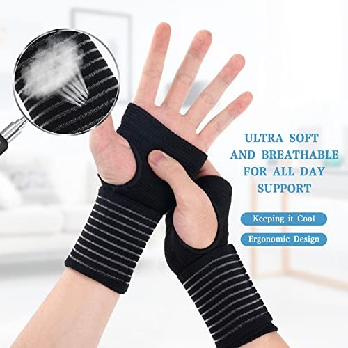 AOOWU Wrist Brace, 2 Pack Elastic Wrist Support with Strap, Wrist Black